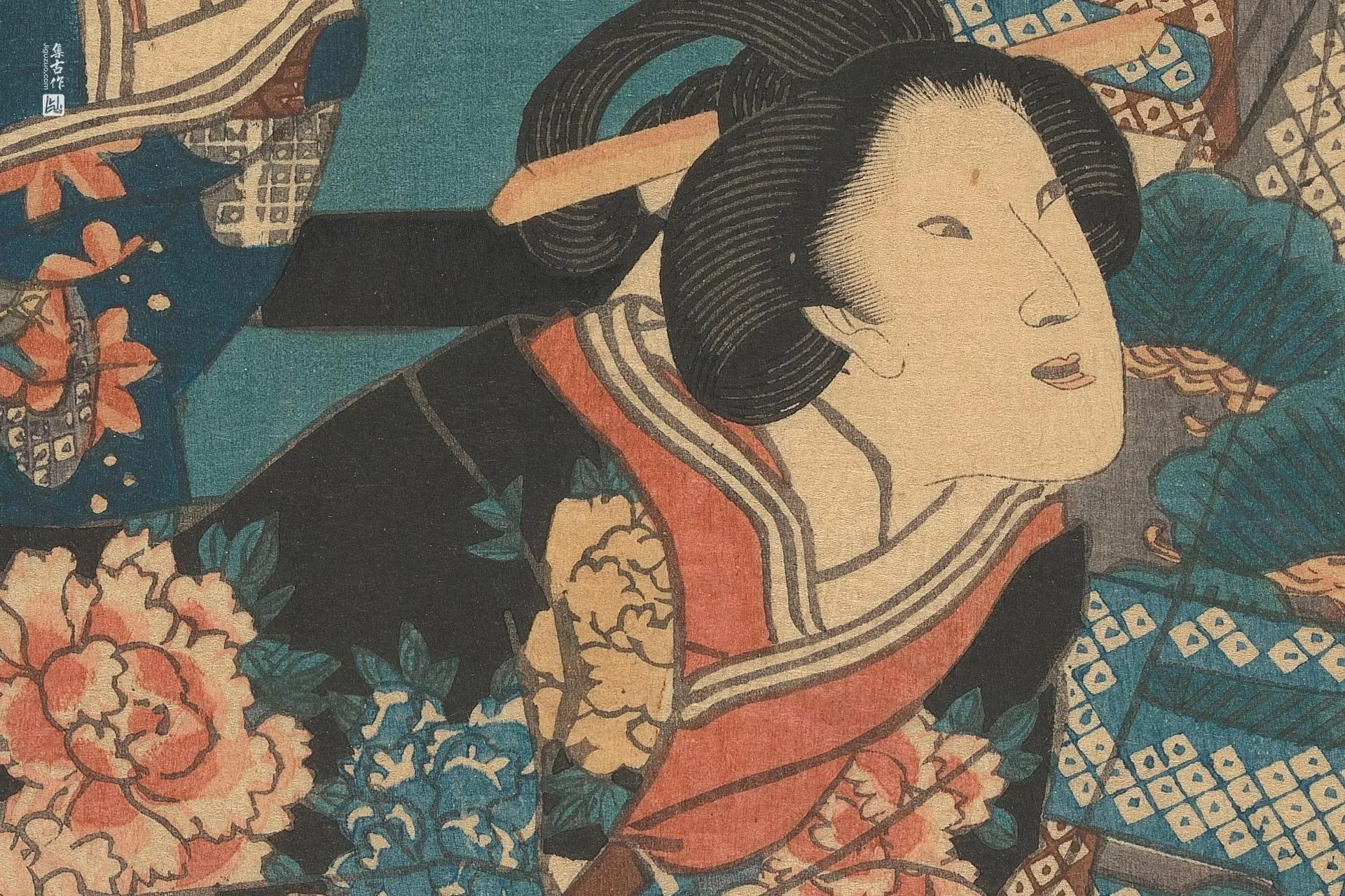 歌川国贞《两位跪着的侍从和一位站立的侍从》高清局部 (3)