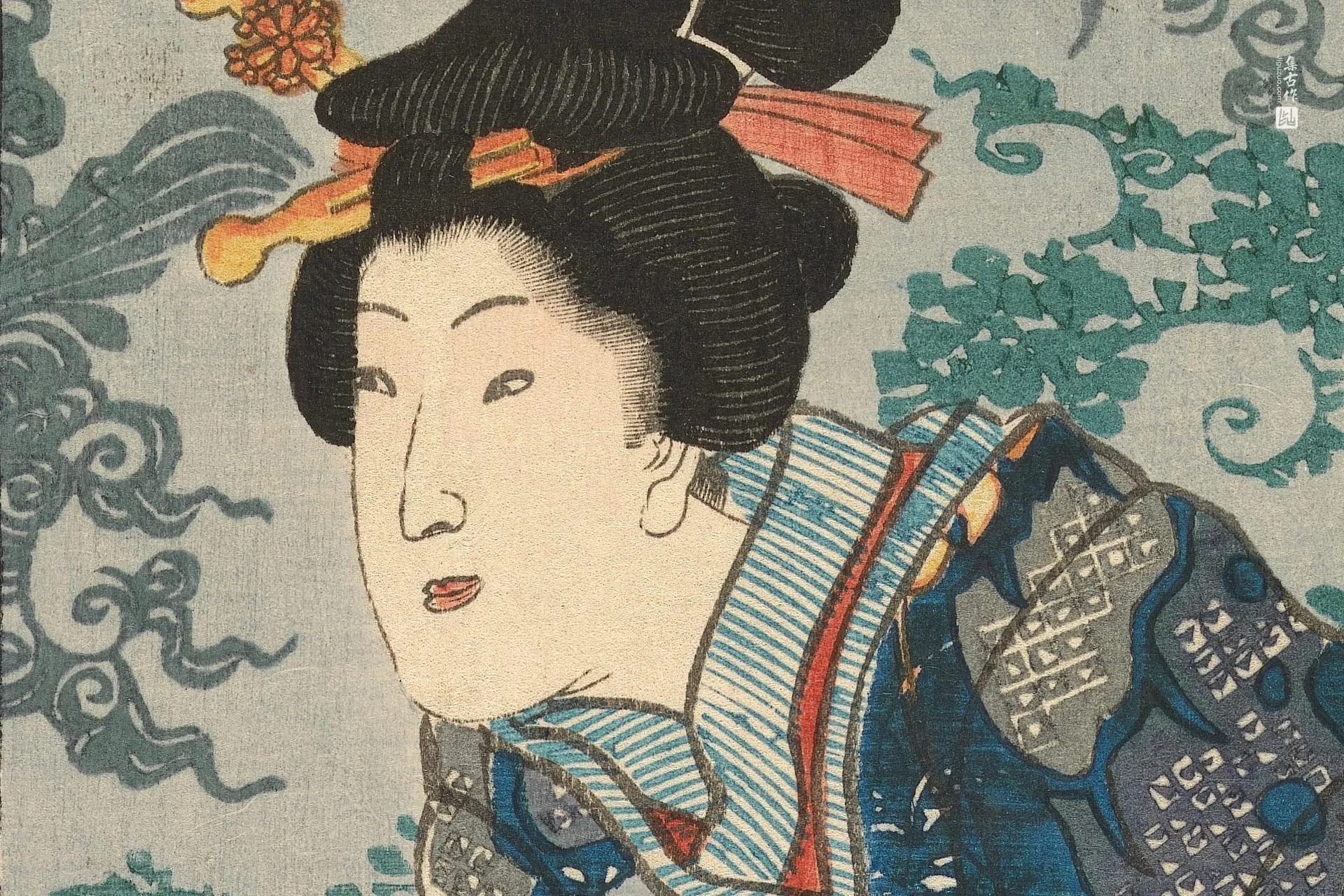 歌川国贞《站在屏风后的女侍》高清局部 (1)