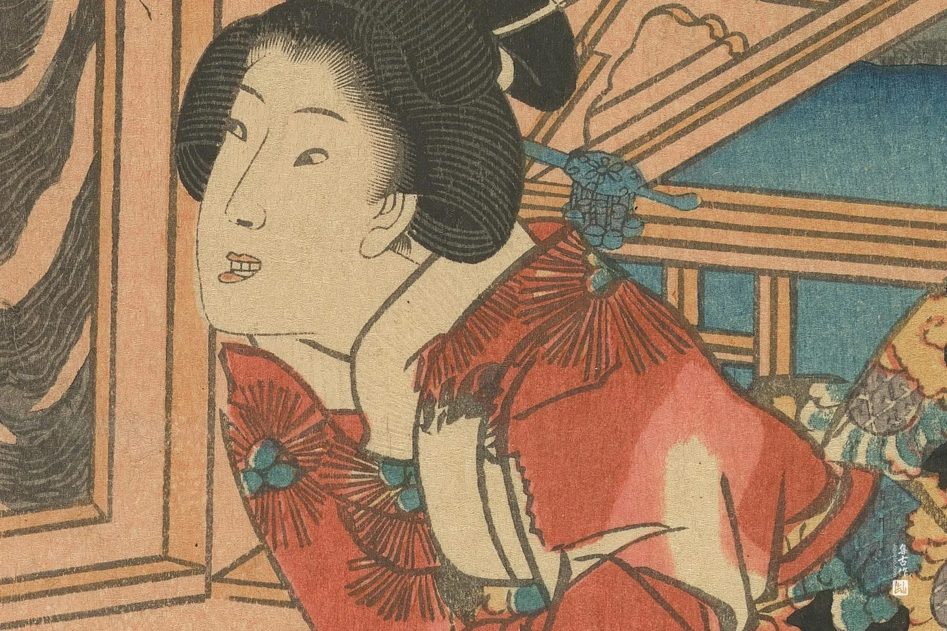 《东源氏放生仪式图》三联画左幅:露台上的女子与跪侍的侍从高清局部 (2)