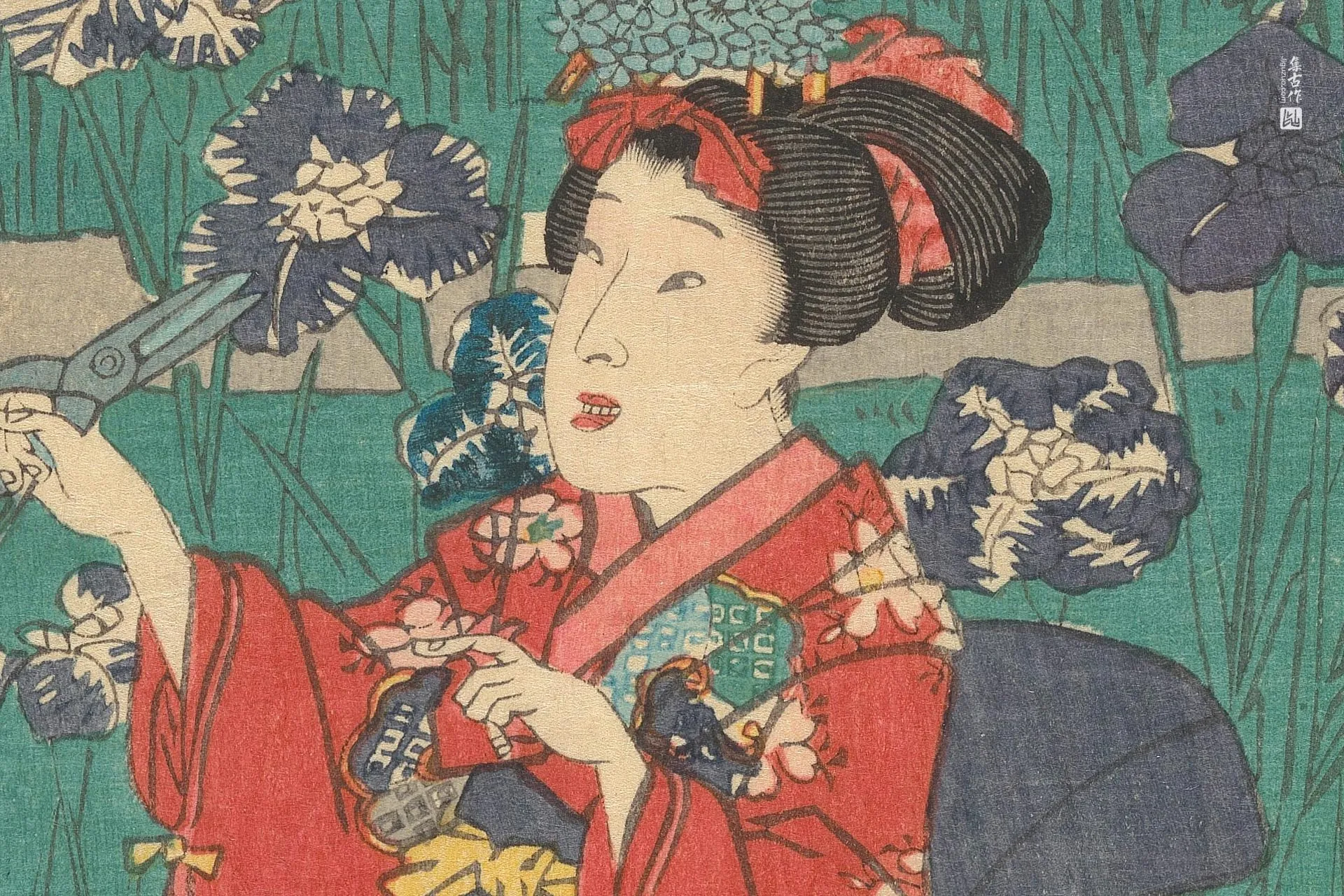歌川国贞《手持茶壶的女子与持剪的侍女》高清局部 (1)