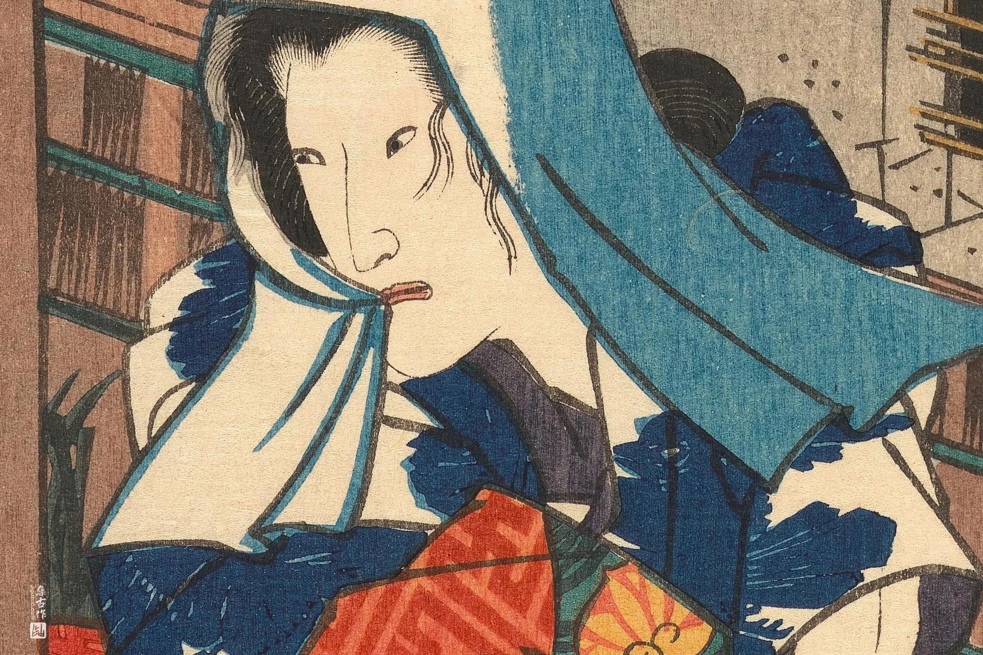 歌川国贞《站在门后手持鬼面的女子》高清局部 (1)