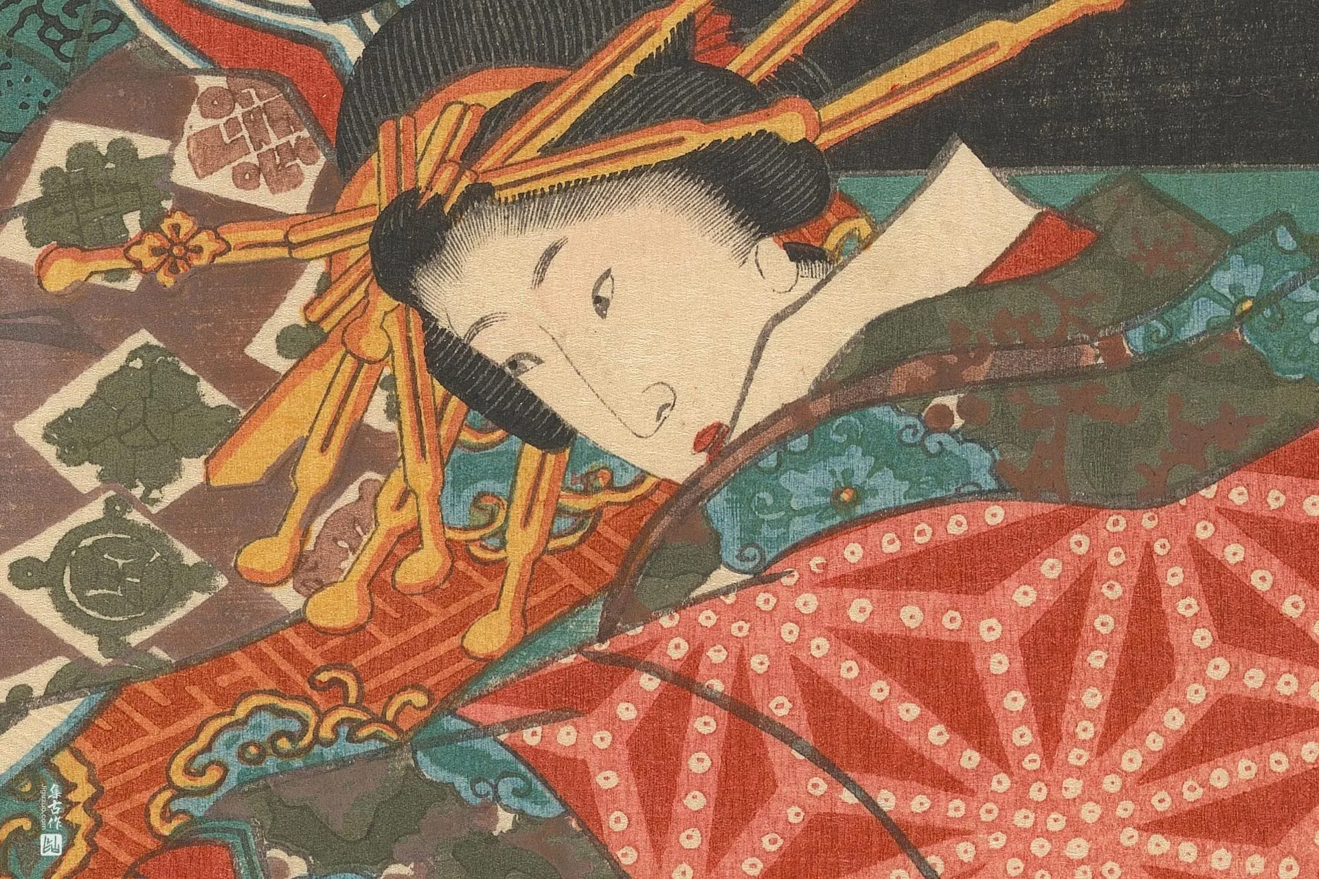 歌川国贞《乡村源氏吹笛,歌妓吹琴》高清局部 (2)