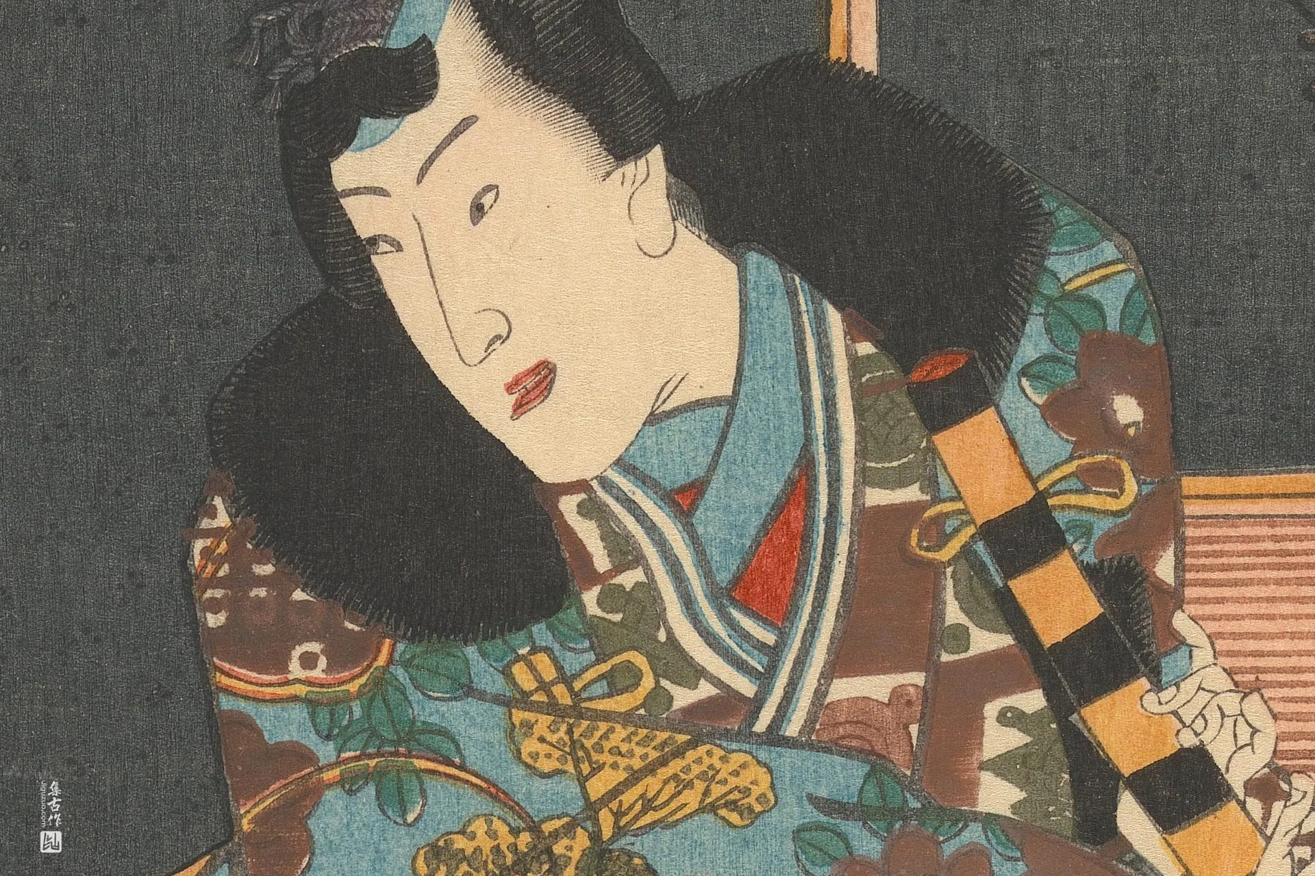 歌川国贞《乡村源氏吹笛,歌妓吹琴》高清局部 (1)