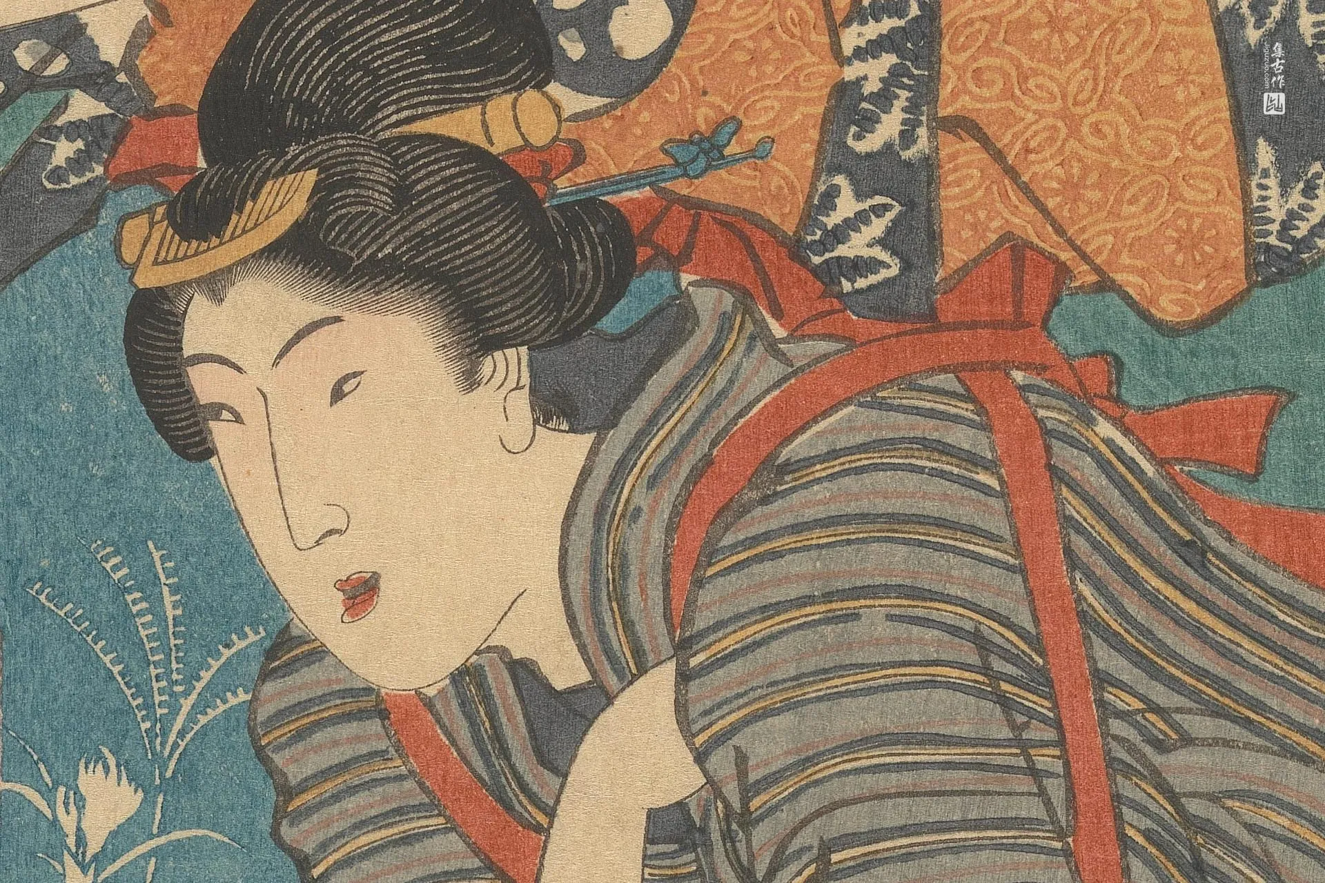 歌川国贞《两位手持年糕与剑的女子》高清局部 (2)