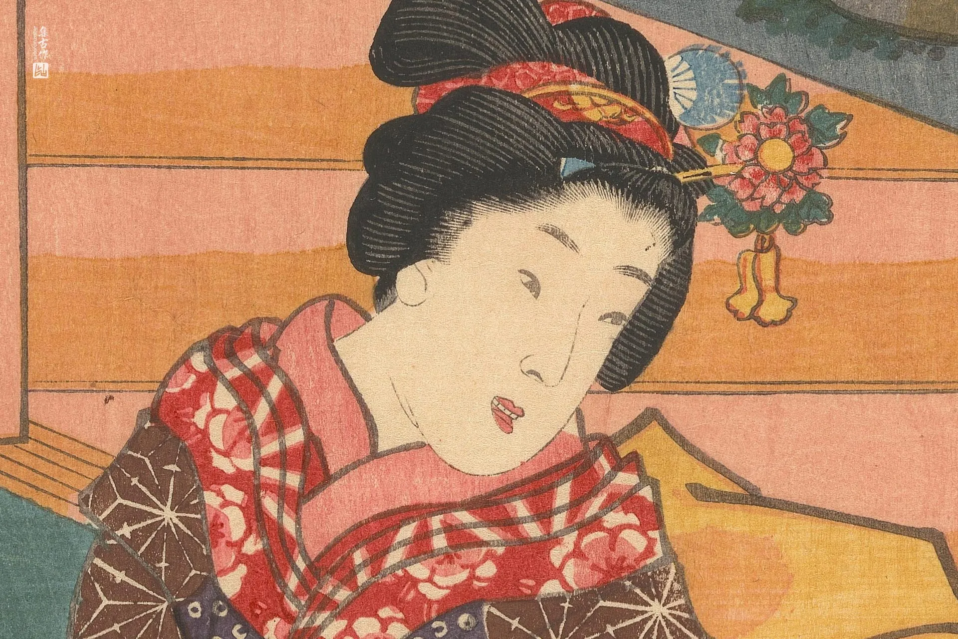 歌川国贞《两个年轻女孩捧杯》高清局部 (1)