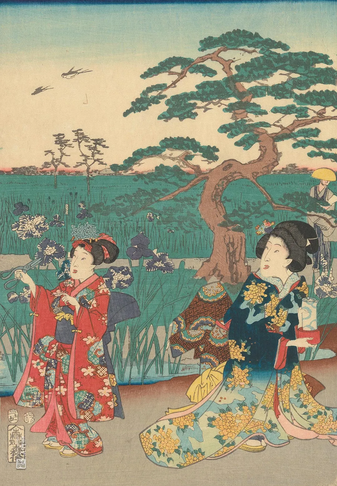 歌川国贞《手持茶壶的女子与持剪的侍女》