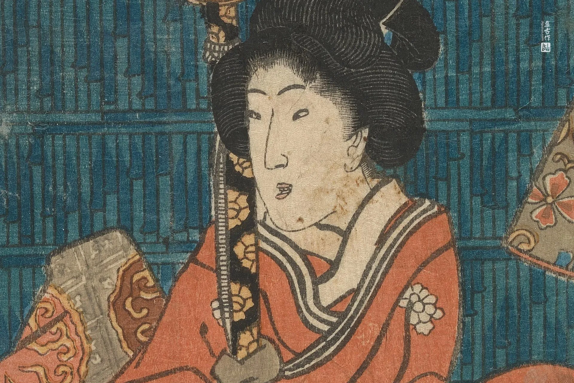 歌川国贞《乡野源氏与持剑的年轻侍从》高清局部 (2)