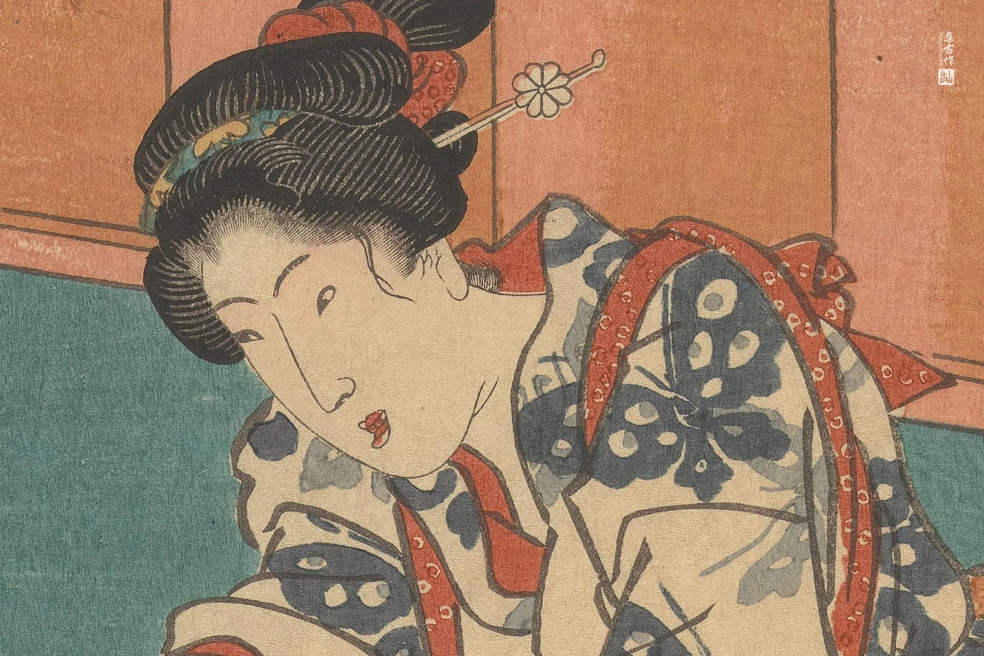 歌川国贞《两位手持年糕与剑的女子》高清局部 (1)
