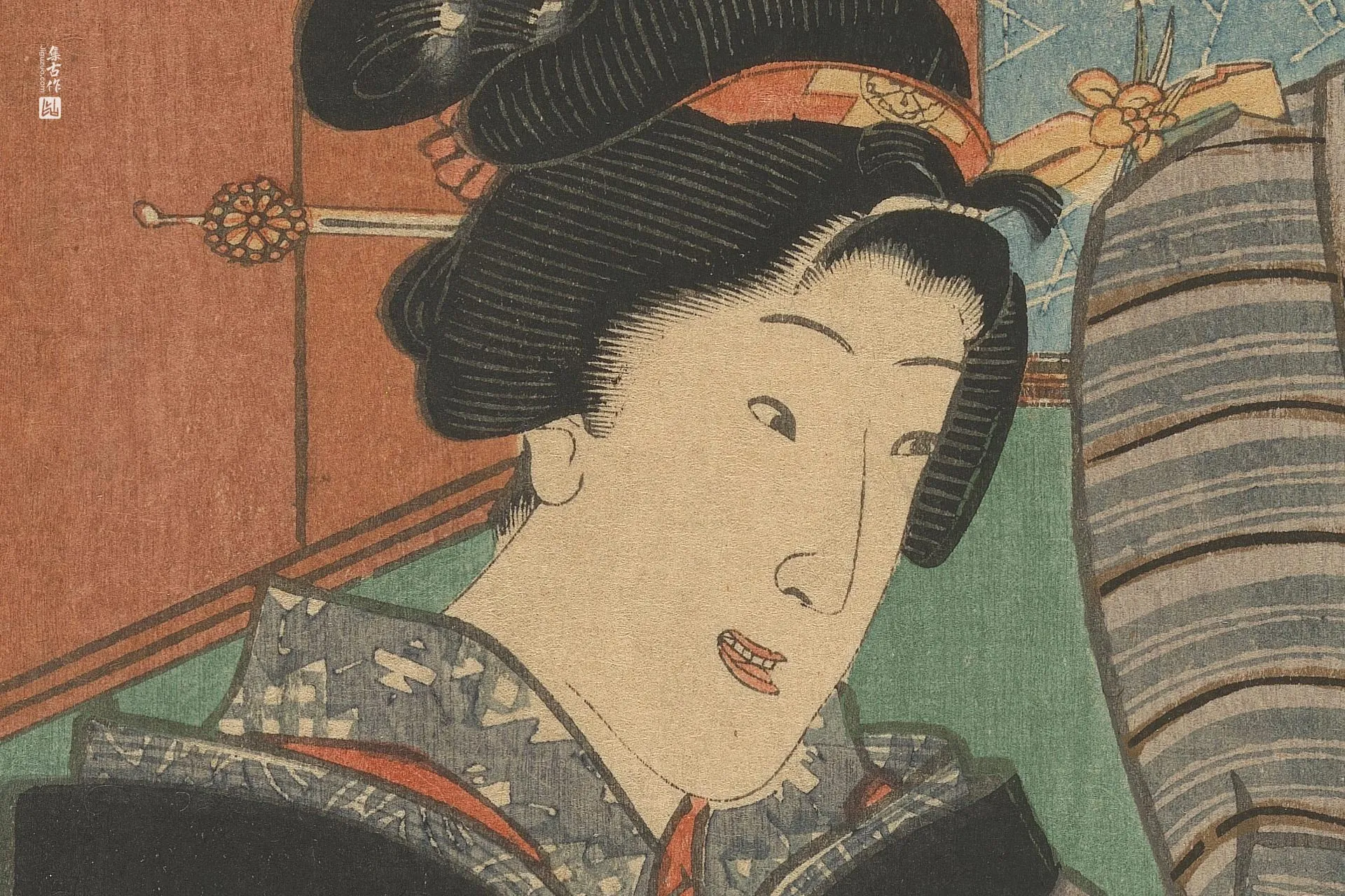 歌川国贞《持知代老师教番头村八与菜贩唱歌》高清局部 (1)