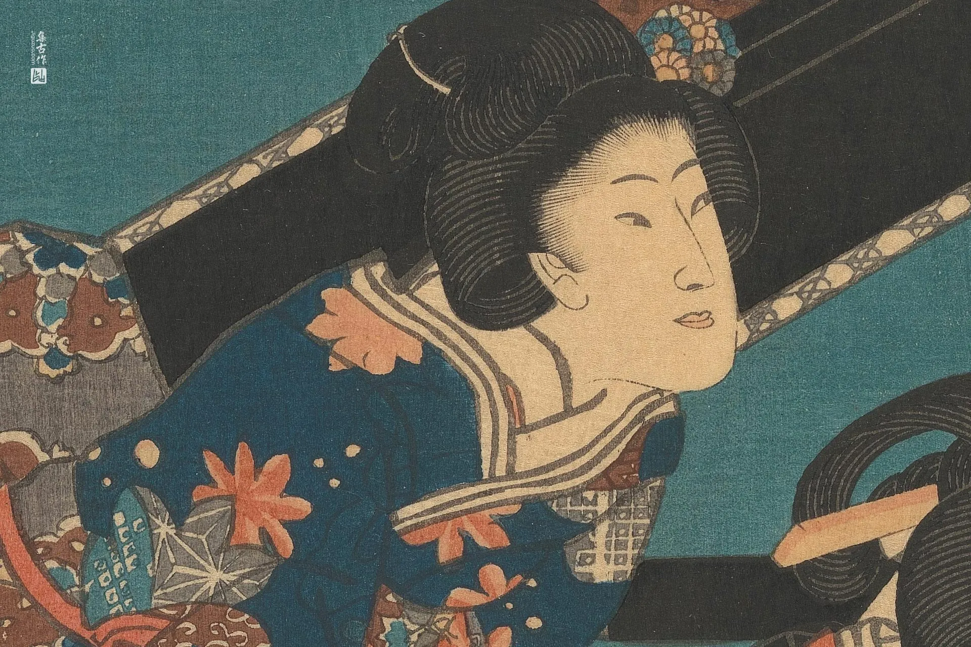 歌川国贞《两位跪着的侍从和一位站立的侍从》高清局部 (2)