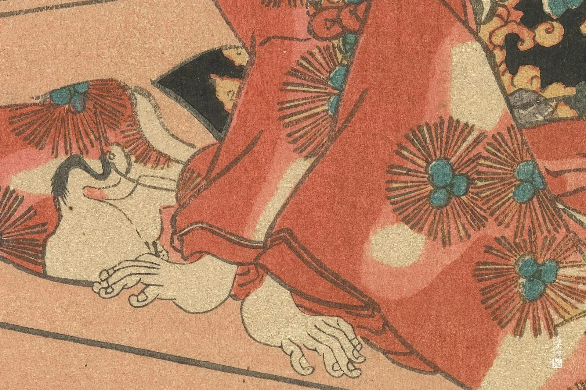 《东源氏放生仪式图》三联画左幅:露台上的女子与跪侍的侍从高清局部 (3)