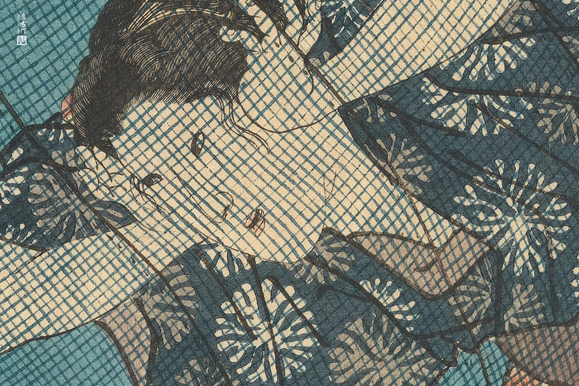 歌川国贞《蚊帐下躲藏的女子》高清局部 (1)