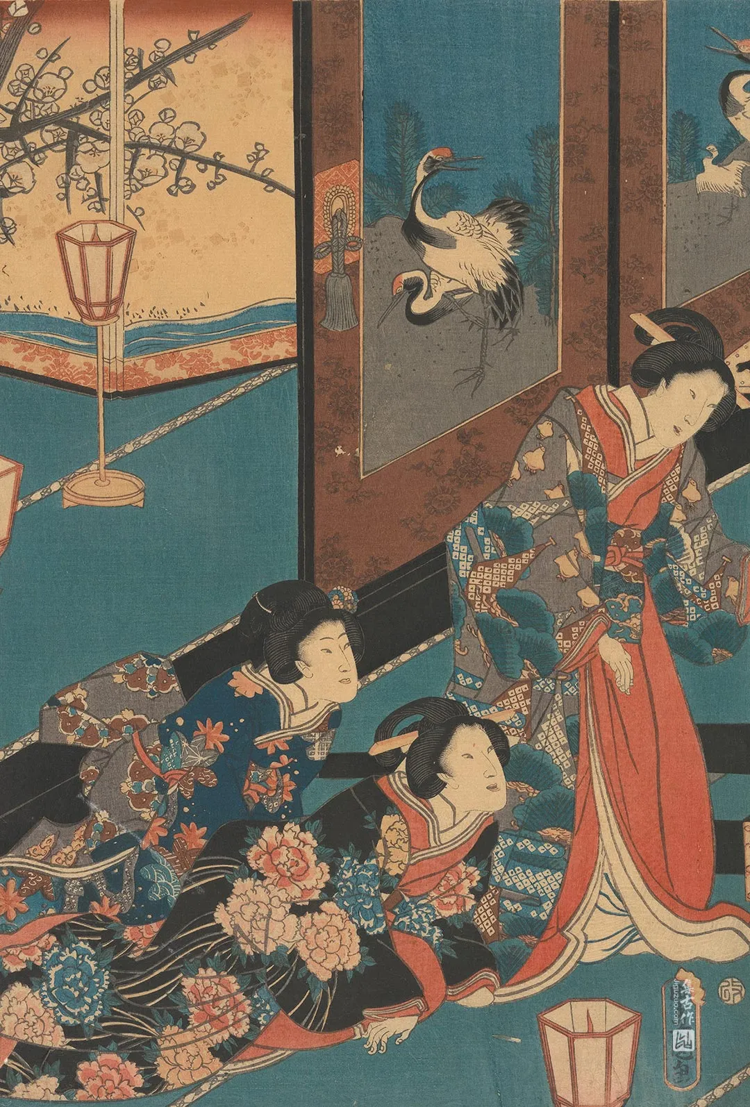 歌川国贞《两位跪着的侍从和一位站立的侍从》