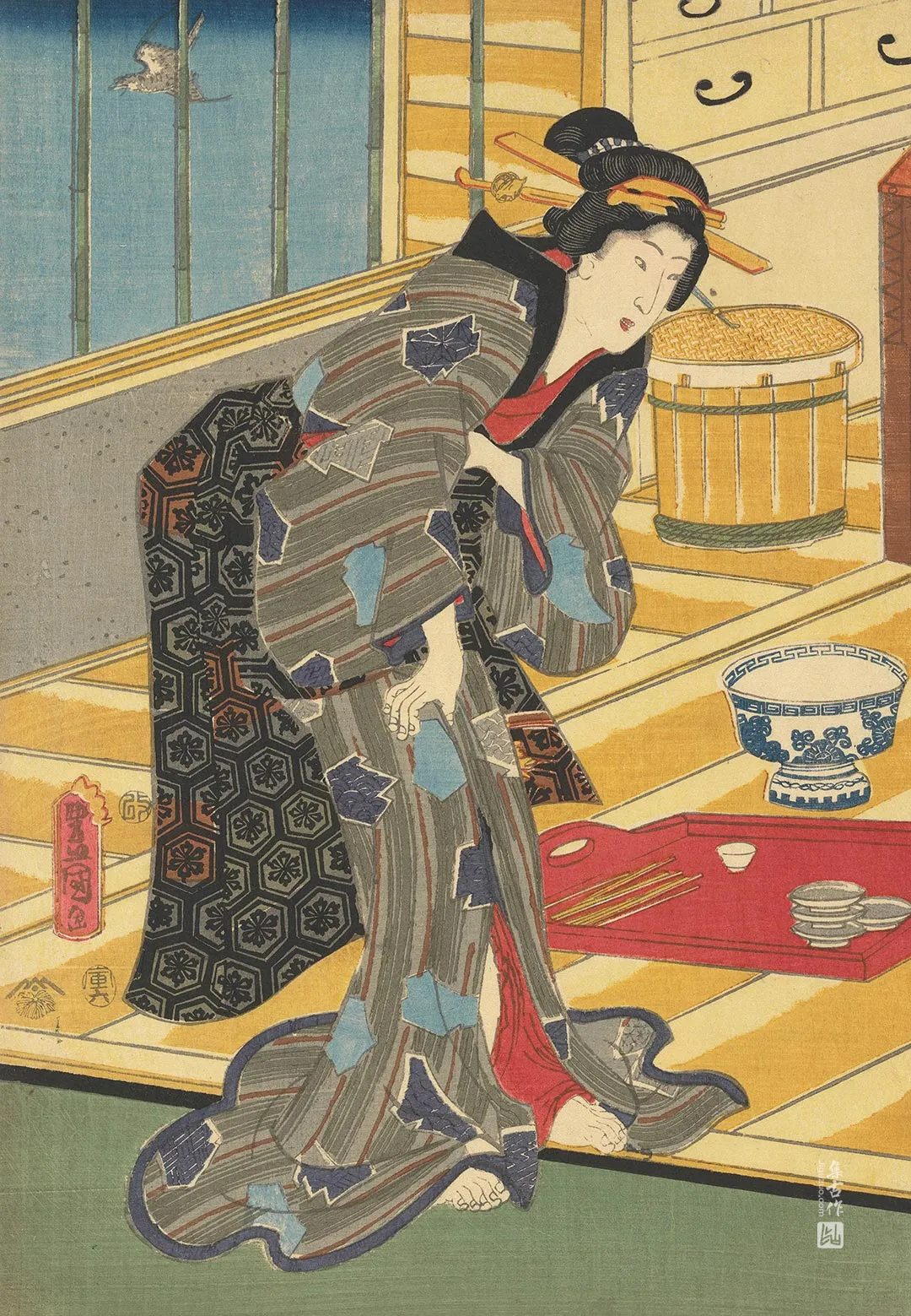 歌川国贞《站在碗和筷子旁边的女人》