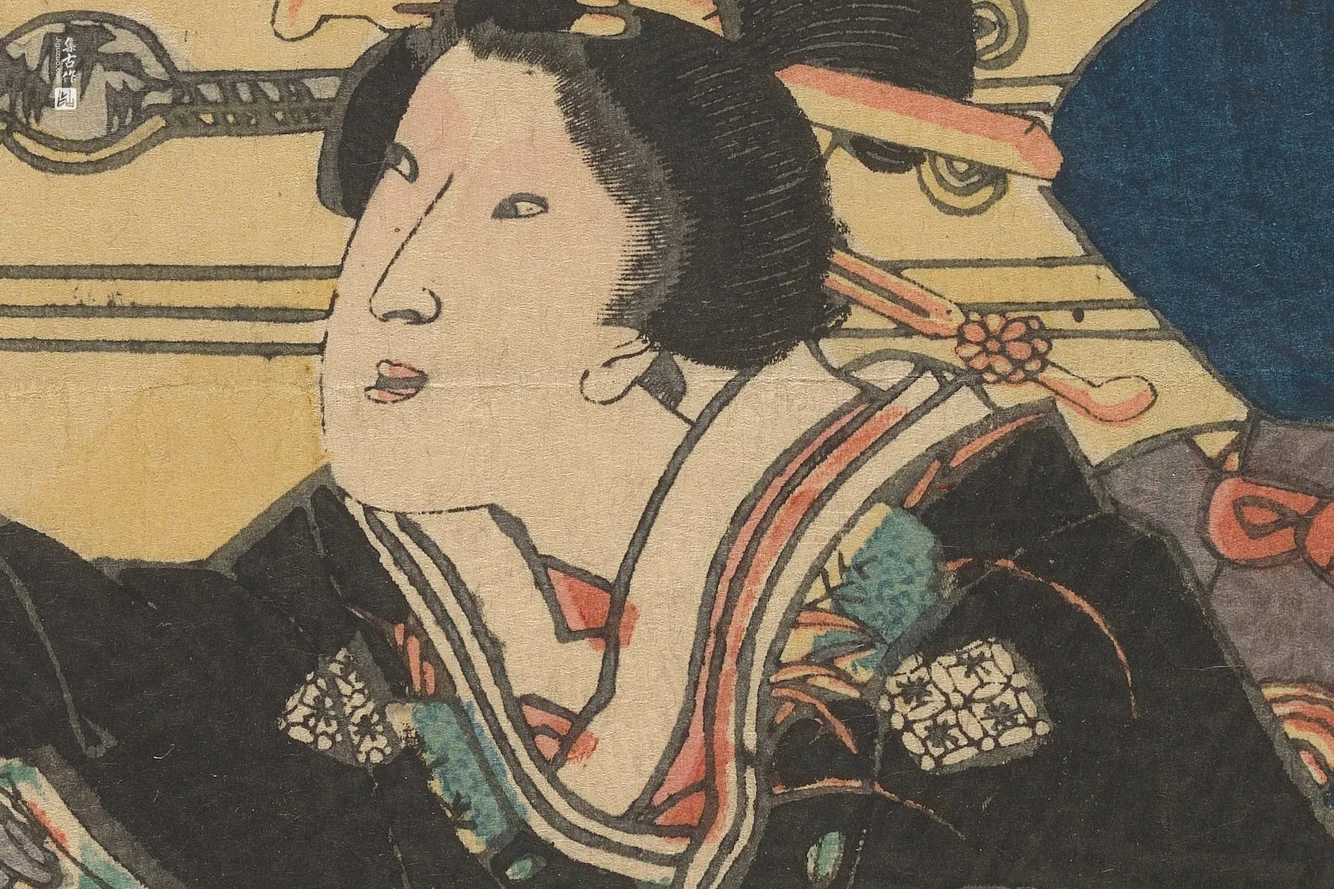 歌川国贞《两名侍女,其中一人手持插图本》高清局部 (1)