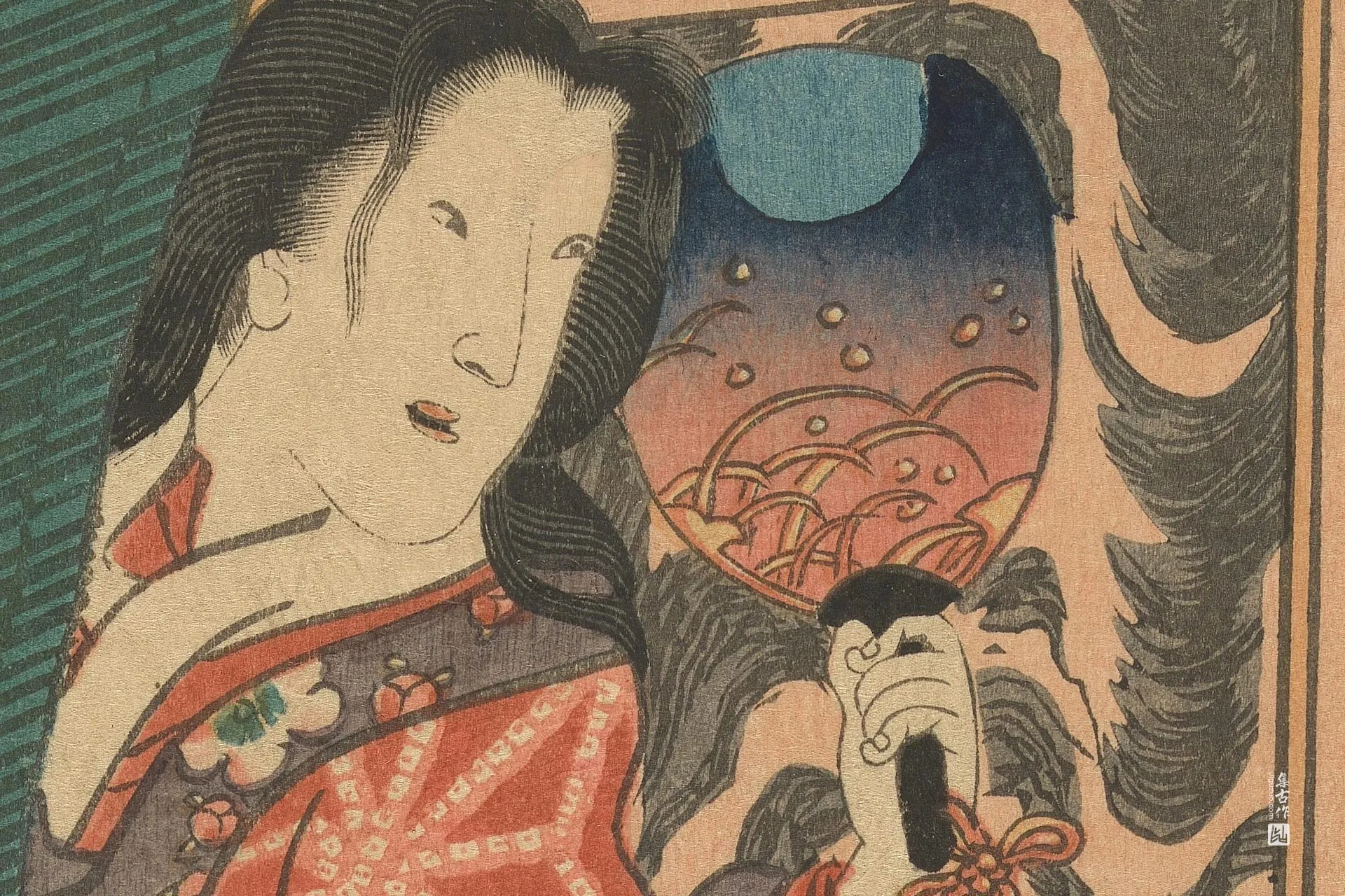 《东源氏放生仪式图》三联画左幅:露台上的女子与跪侍的侍从高清局部 (1)