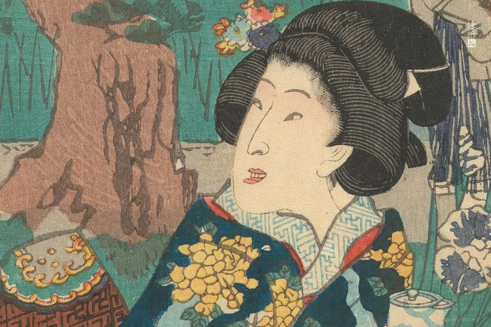 歌川国贞《手持茶壶的女子与持剪的侍女》高清局部 (2)