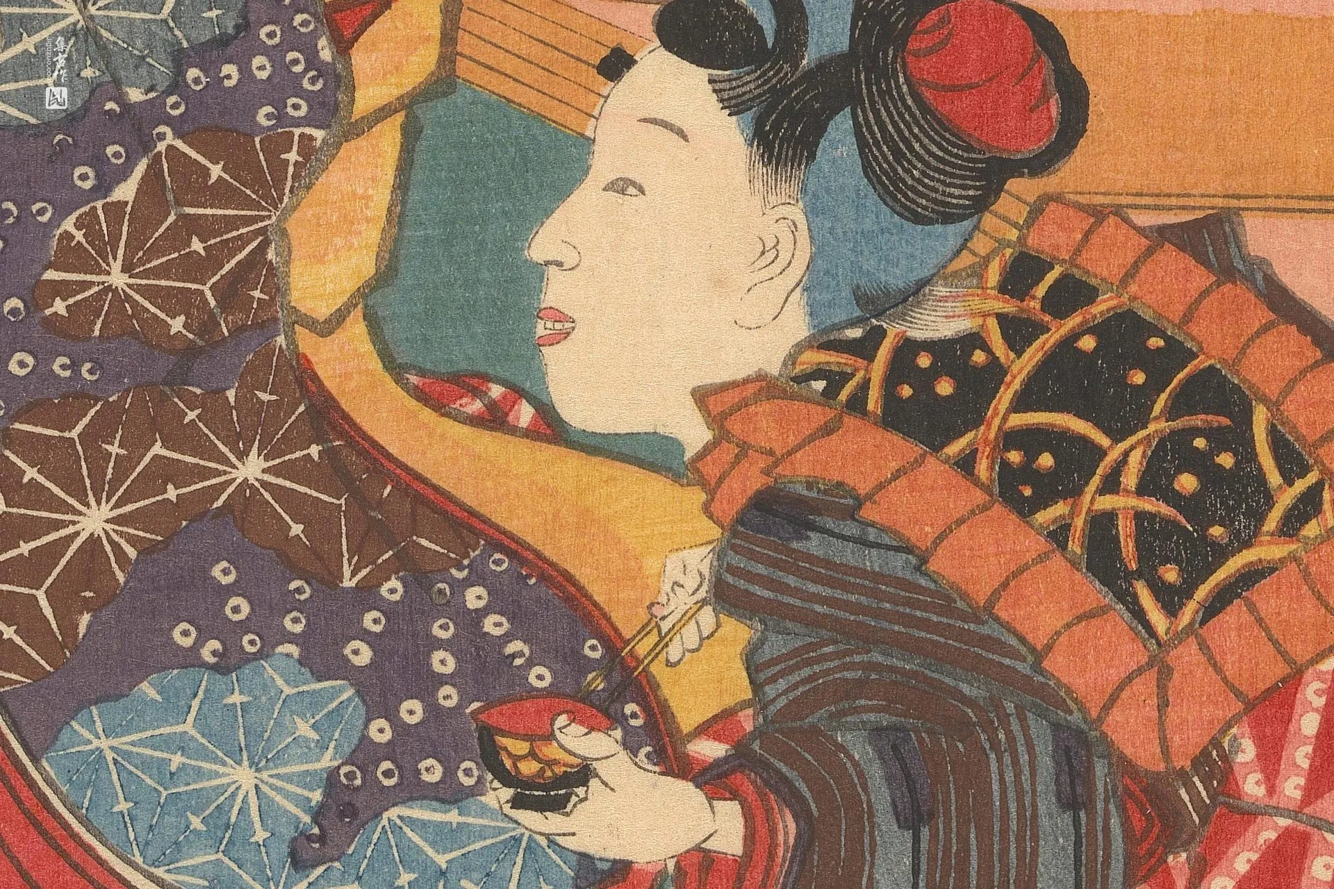 歌川国贞《两个年轻女孩捧杯》高清局部 (2)