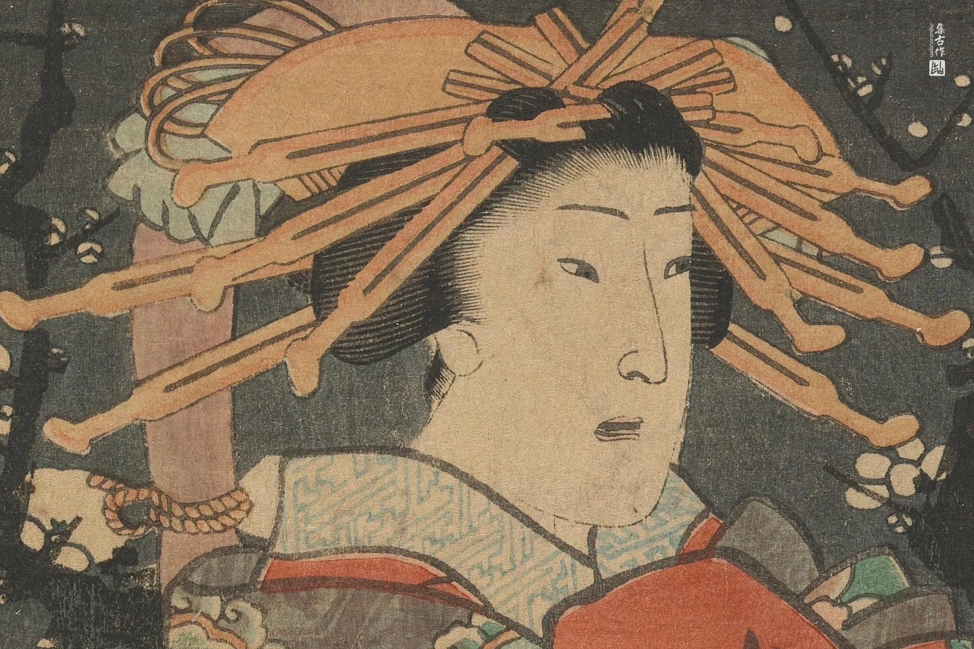 歌川国贞《春日霞中赏梅——妓女阿漕》高清局部 (1)
