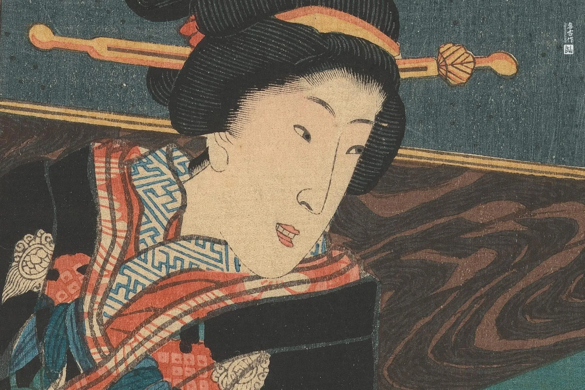 歌川国贞《手持书法作品的女子》高清局部 (1)