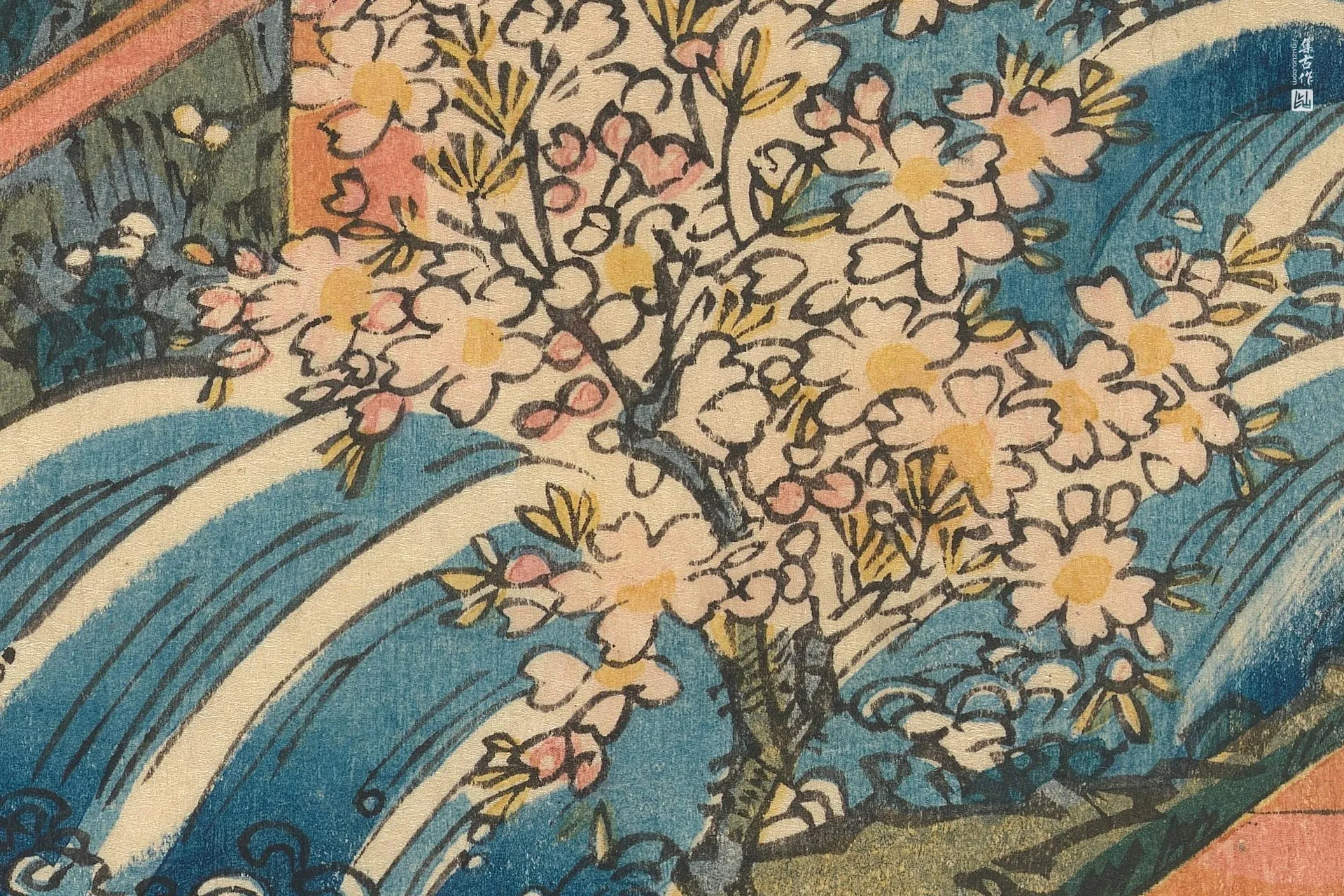 歌川国贞《侍者新平手持花瓶,侍女小菊和桔京站在阳台上》高清局部 (3)