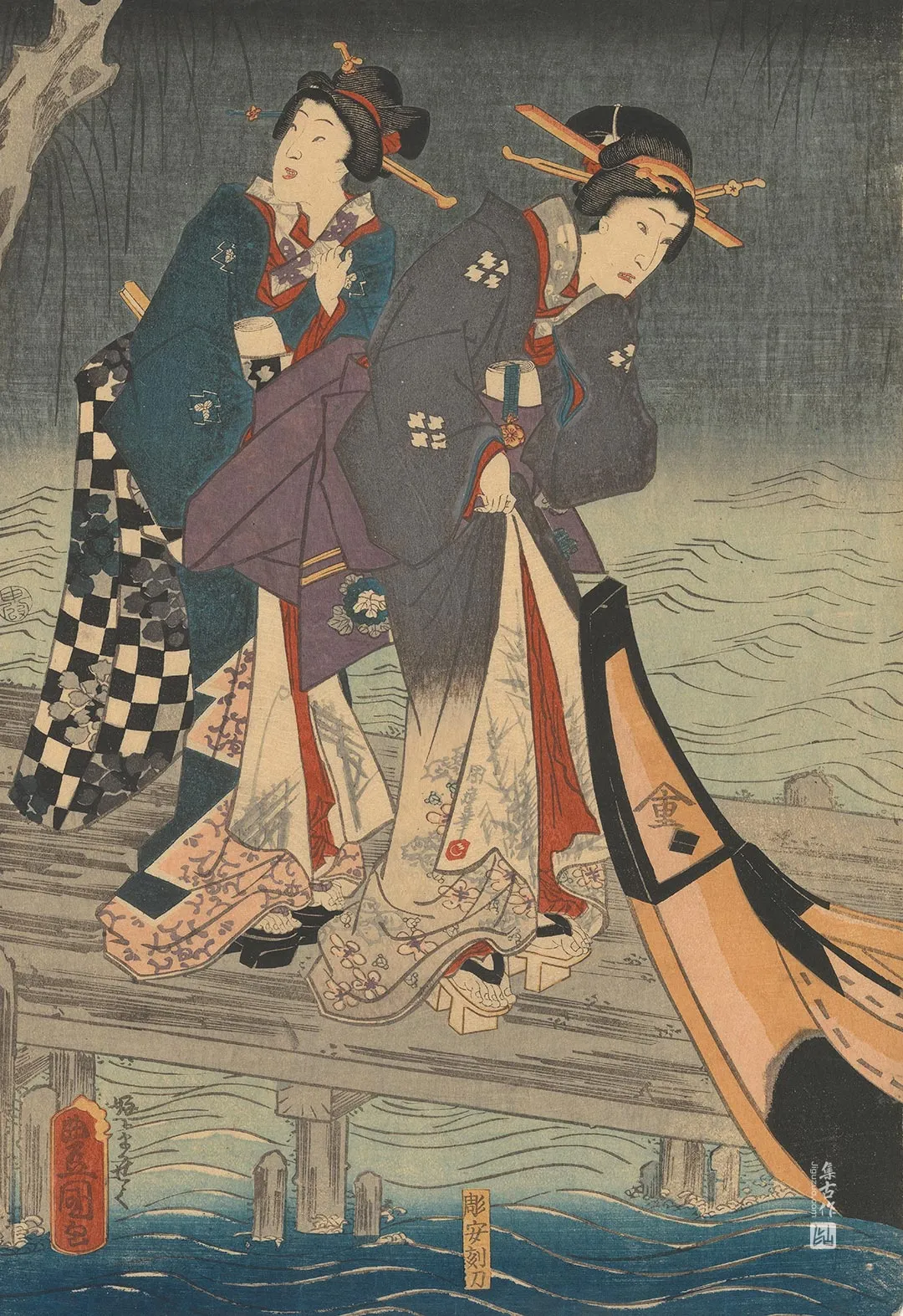 歌川国贞《两位女性在船旁的码头》