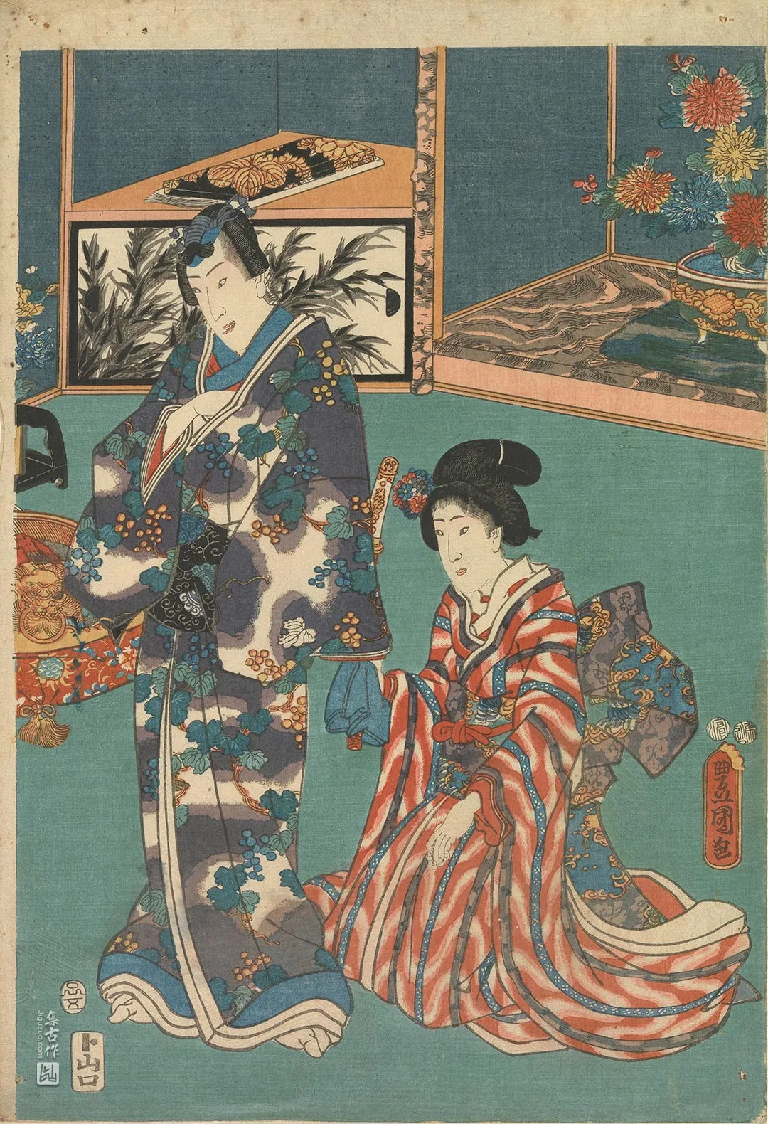 歌川国贞《田园源氏与跪侍的侍女》