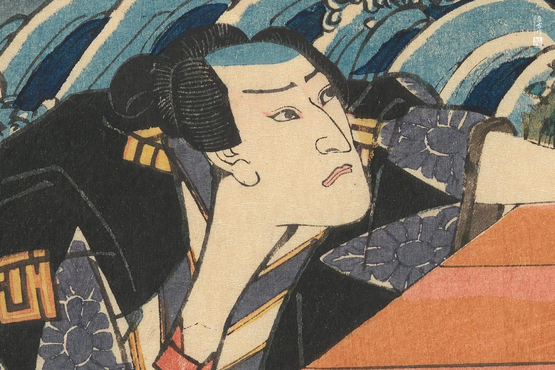 歌川国贞《侍者新平手持花瓶,侍女小菊和桔京站在阳台上》高清局部 (2)
