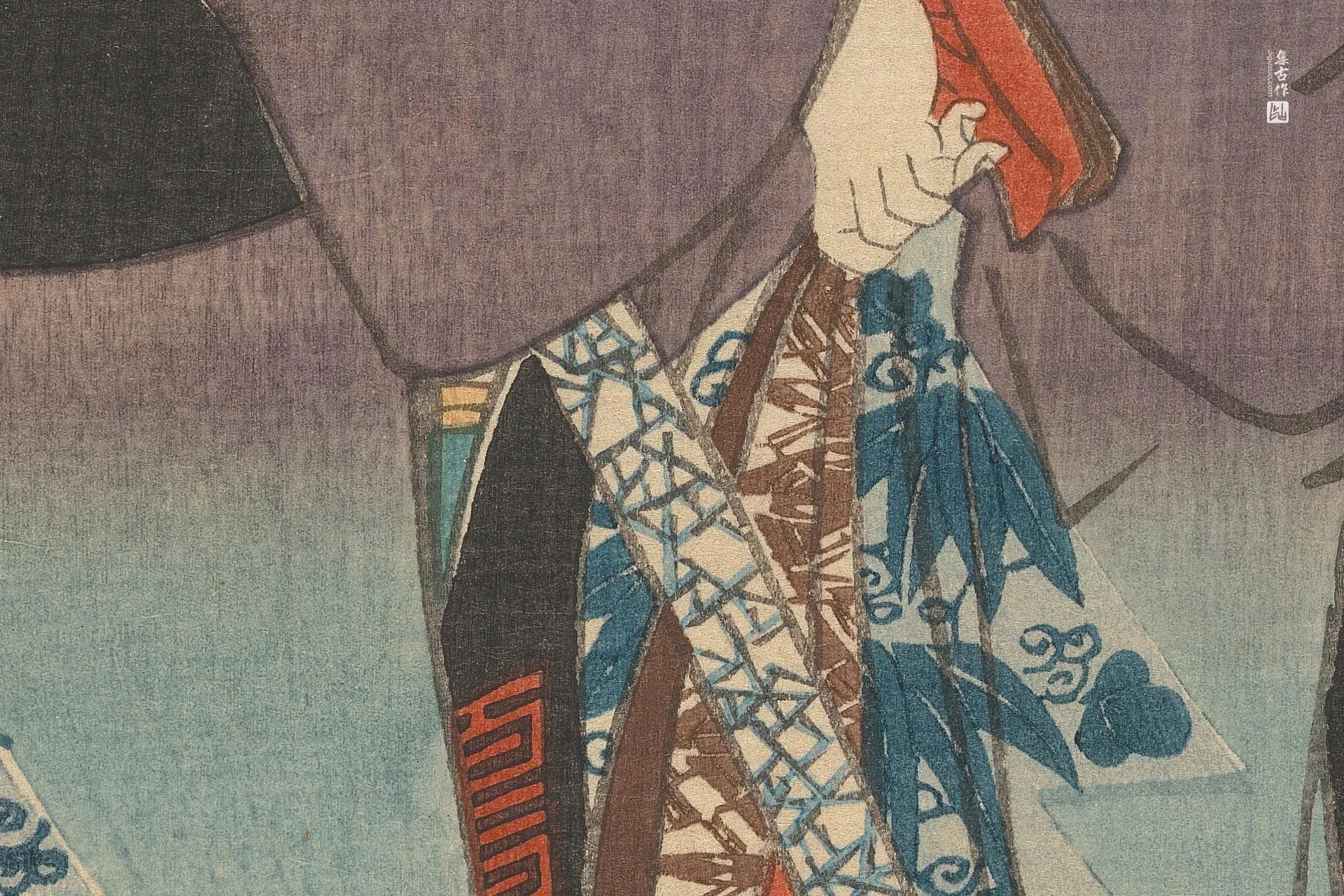歌川国贞《两位演员饰演井筒屋传兵卫与艺妓阿春》高清局部 (3)