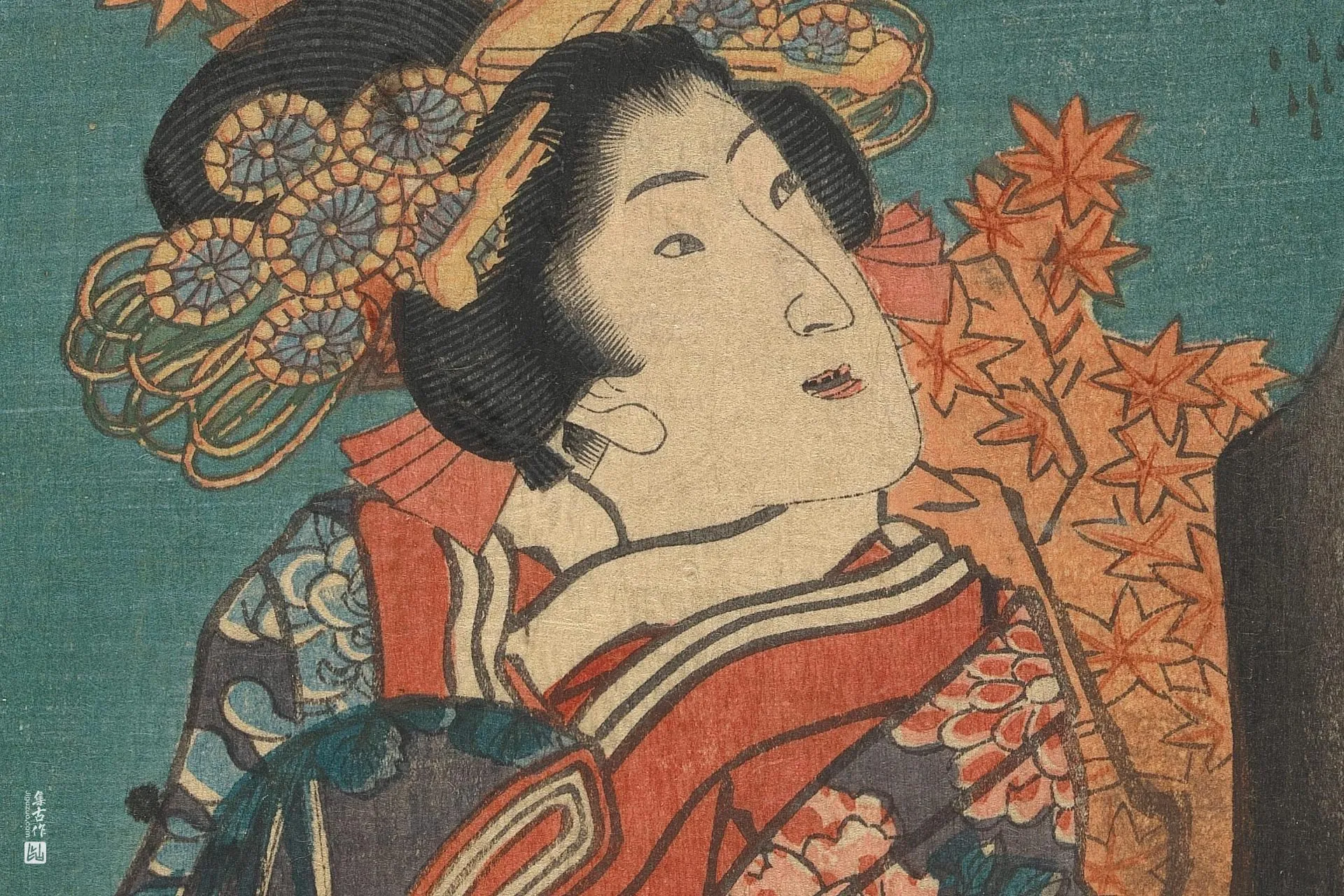 歌川国贞《歌姬与两位侍从》高清局部 (1)