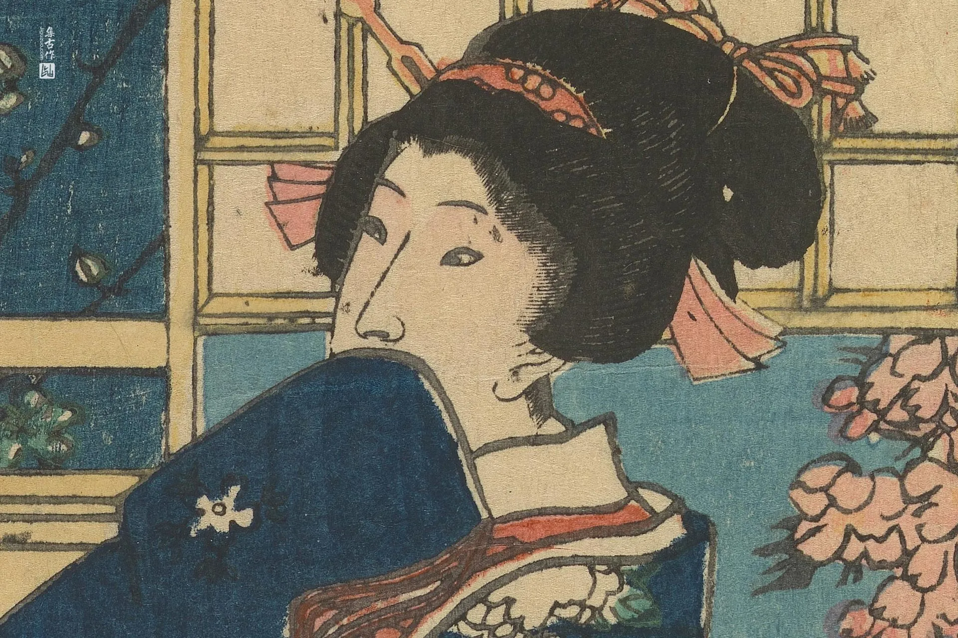 歌川国贞《两名侍女,其中一人手持插图本》高清局部 (2)