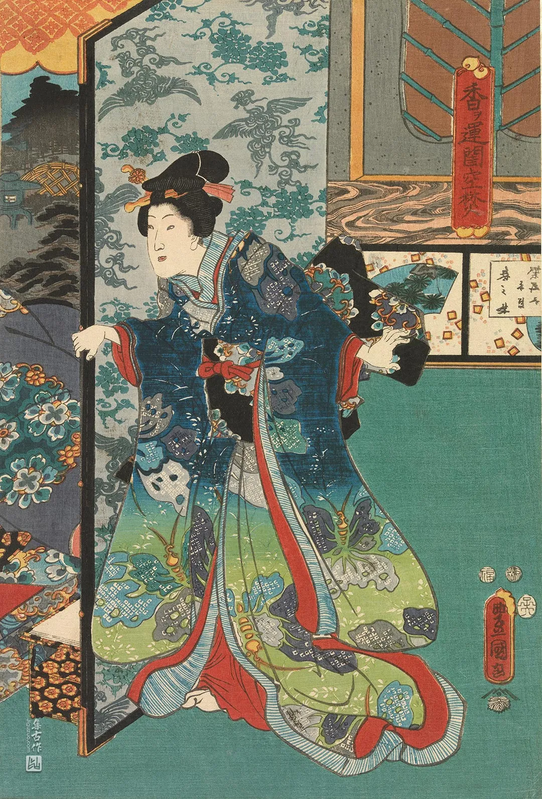 歌川国贞《站在屏风后的女侍》