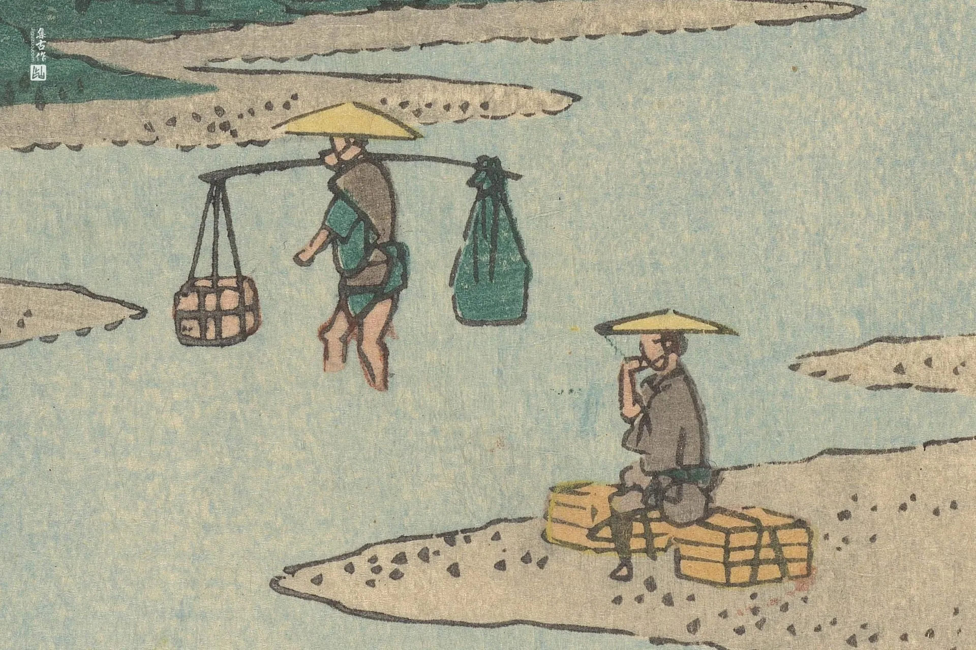 歌川广重《挂川:秋叶路上涉渡四十八濑》高清局部 (2)