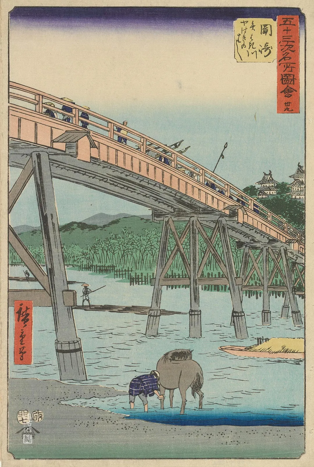 歌川广重《冈崎:矢作川上的矢作桥》