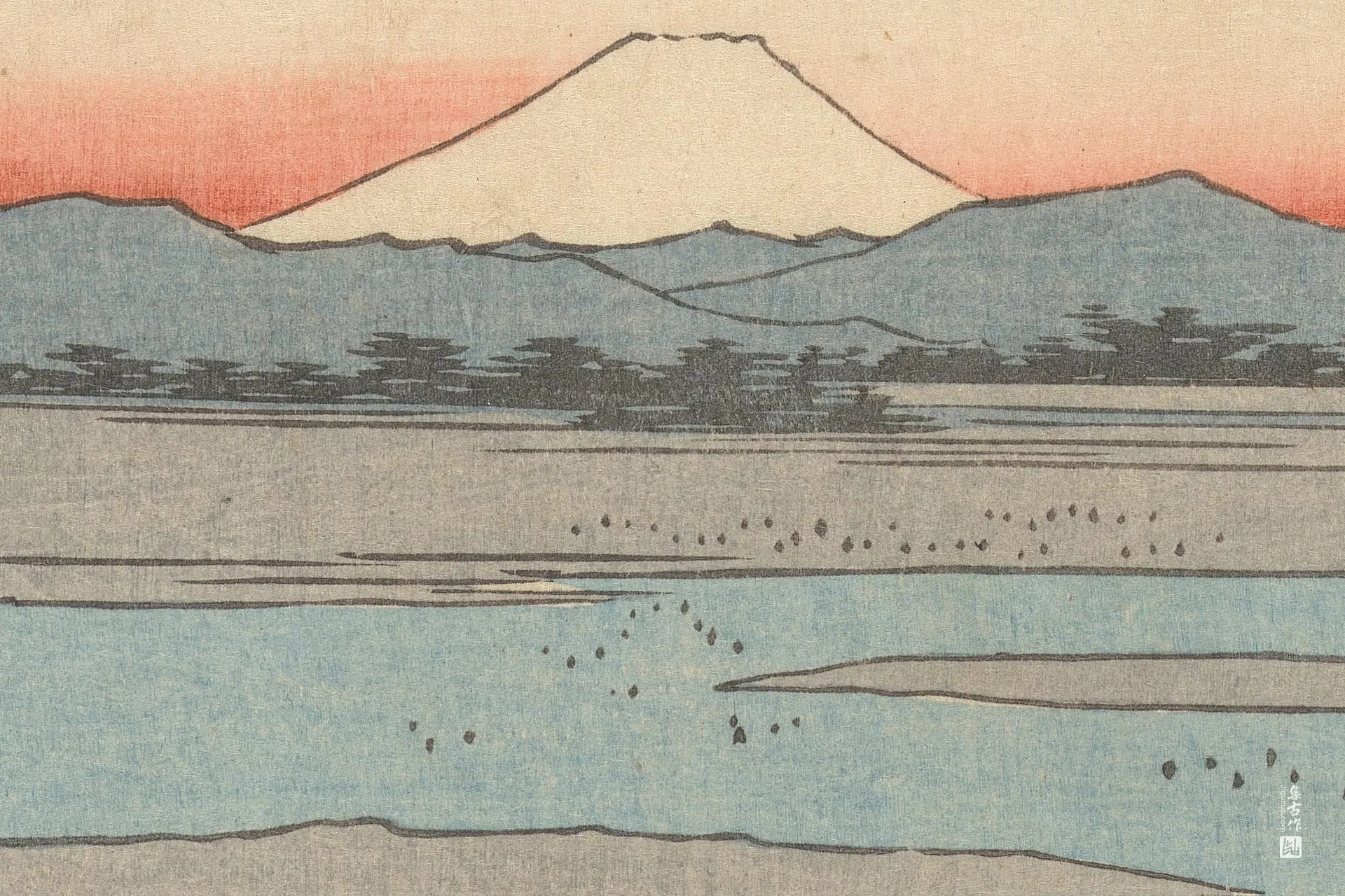 歌川广重《金谷:从山道眺望大井川》高清局部 (3)