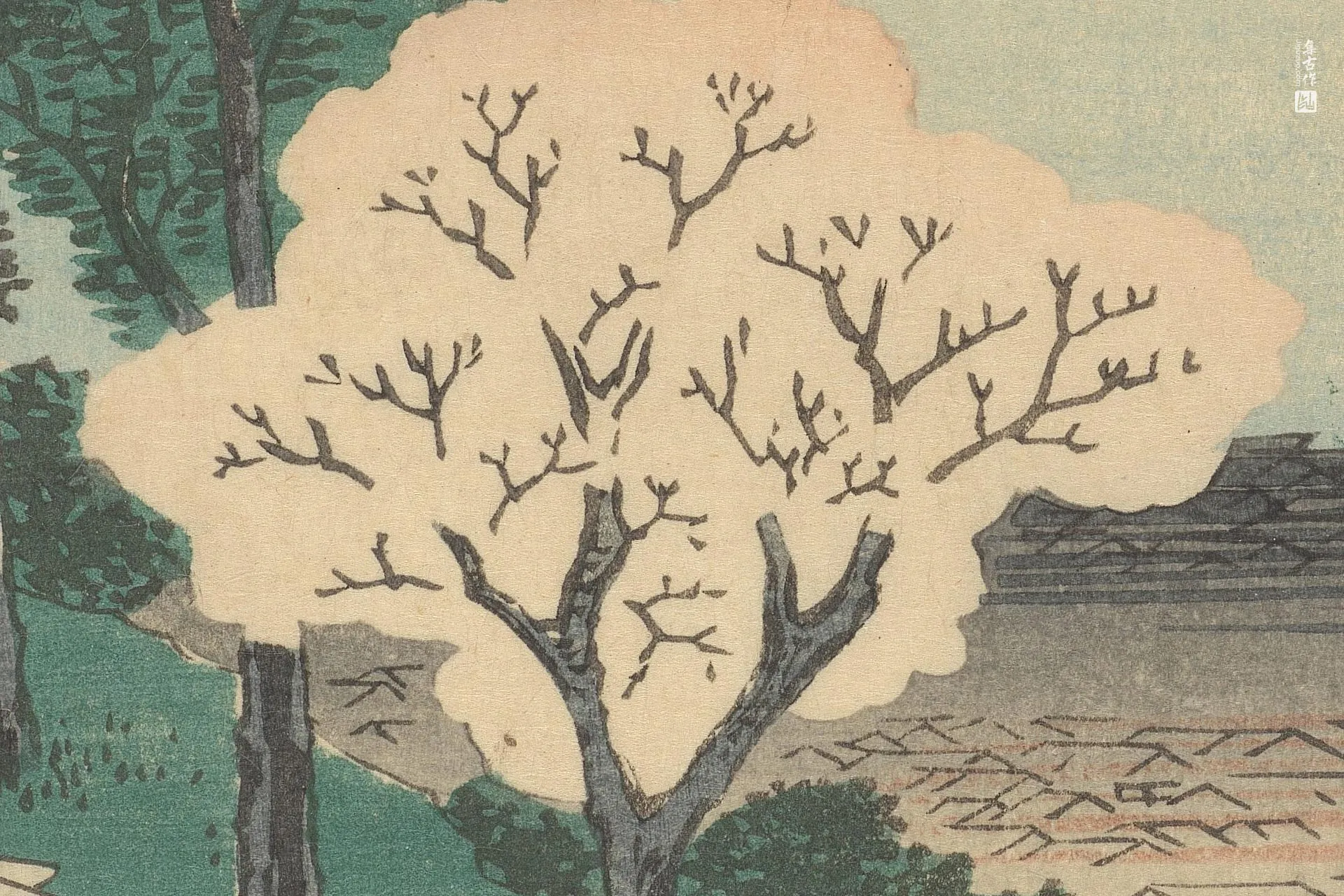 歌川广重《大津:从三井寺观音堂眺望大津村落与湖水》高清局部 (1)