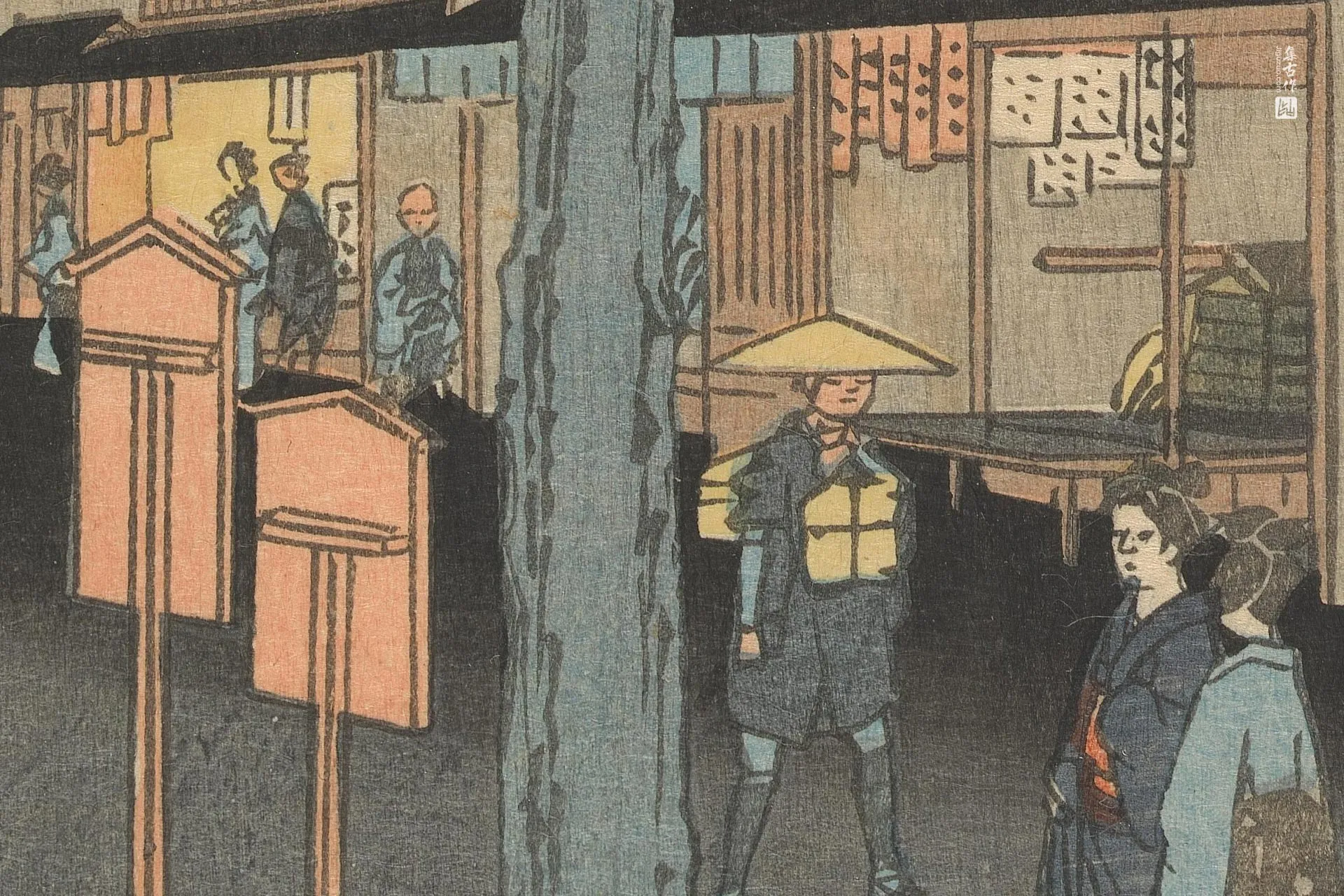 歌川广重《三岛:三岛大明神社第一鸟居》高清局部 (1)