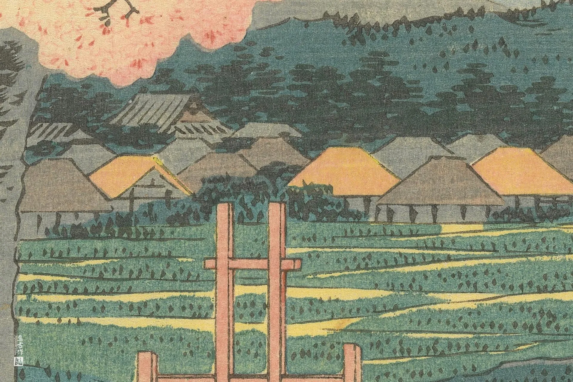 歌川广重《石药师:范赖神社旁的义经樱》高清局部 (2)