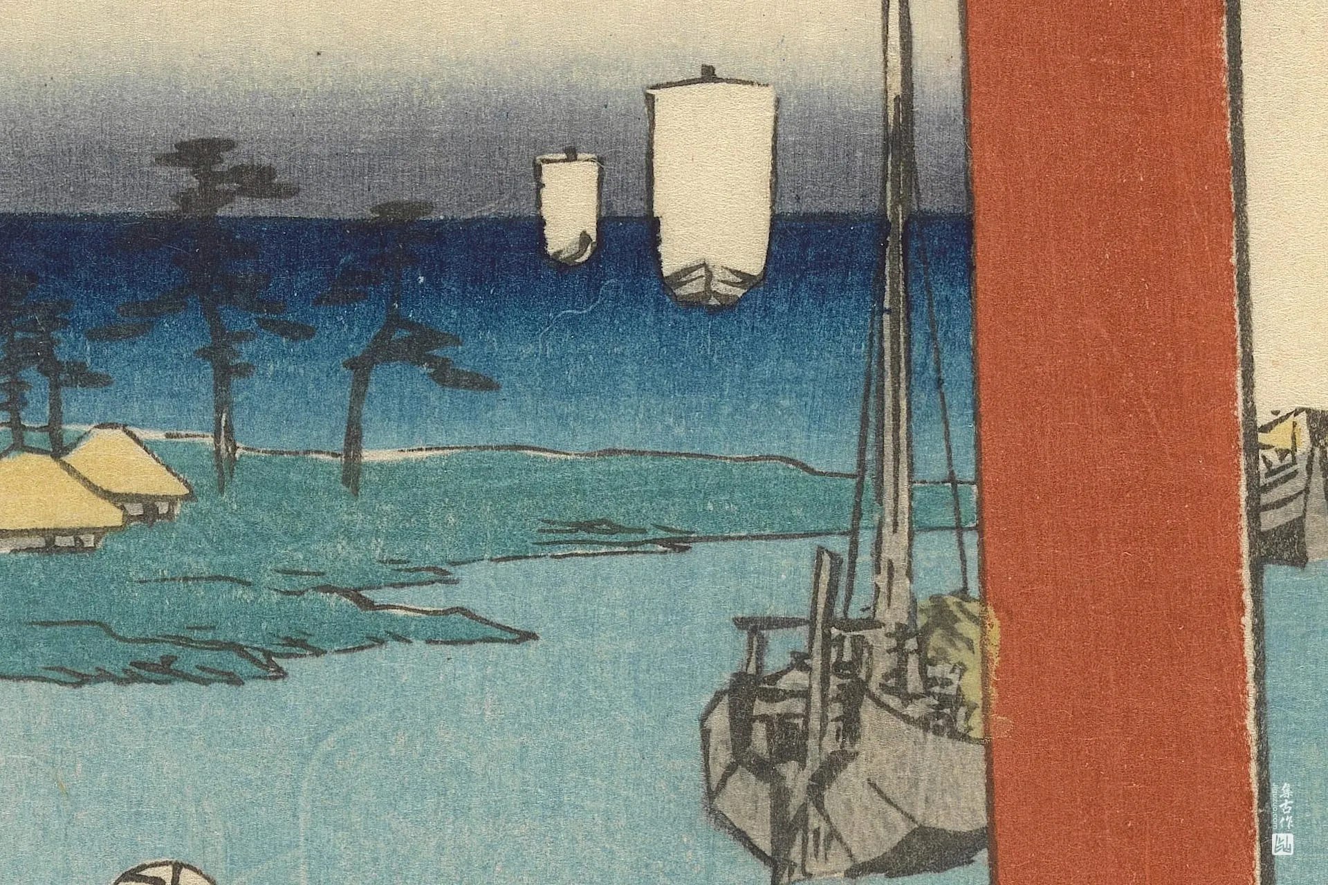 歌川广重《宫:热田宿,七里渡船码头》高清局部 (3)