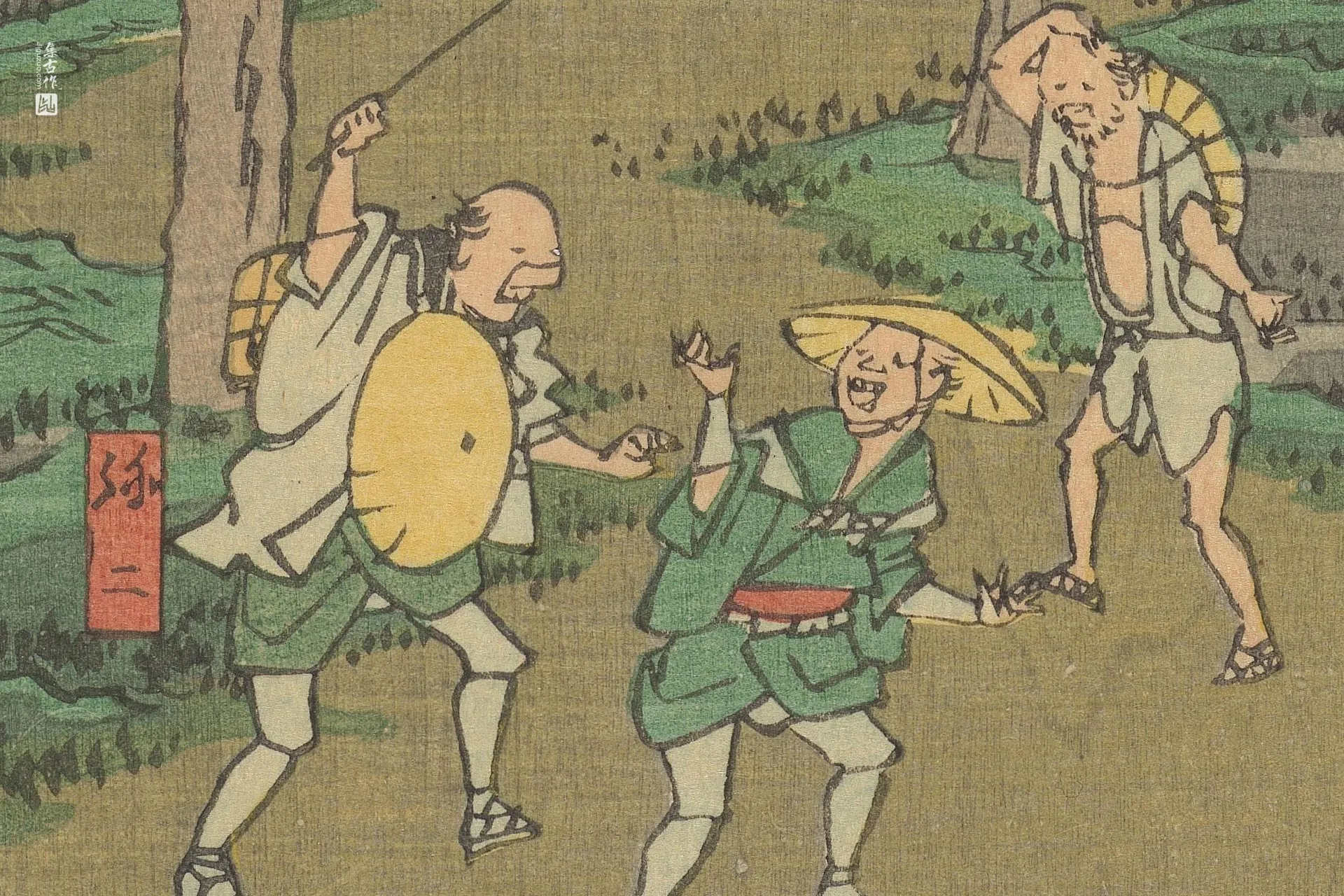 歌川广重《赤坂:弥次郎在绳手道痛打北八,误以为他是狐狸》高清局部 (1)