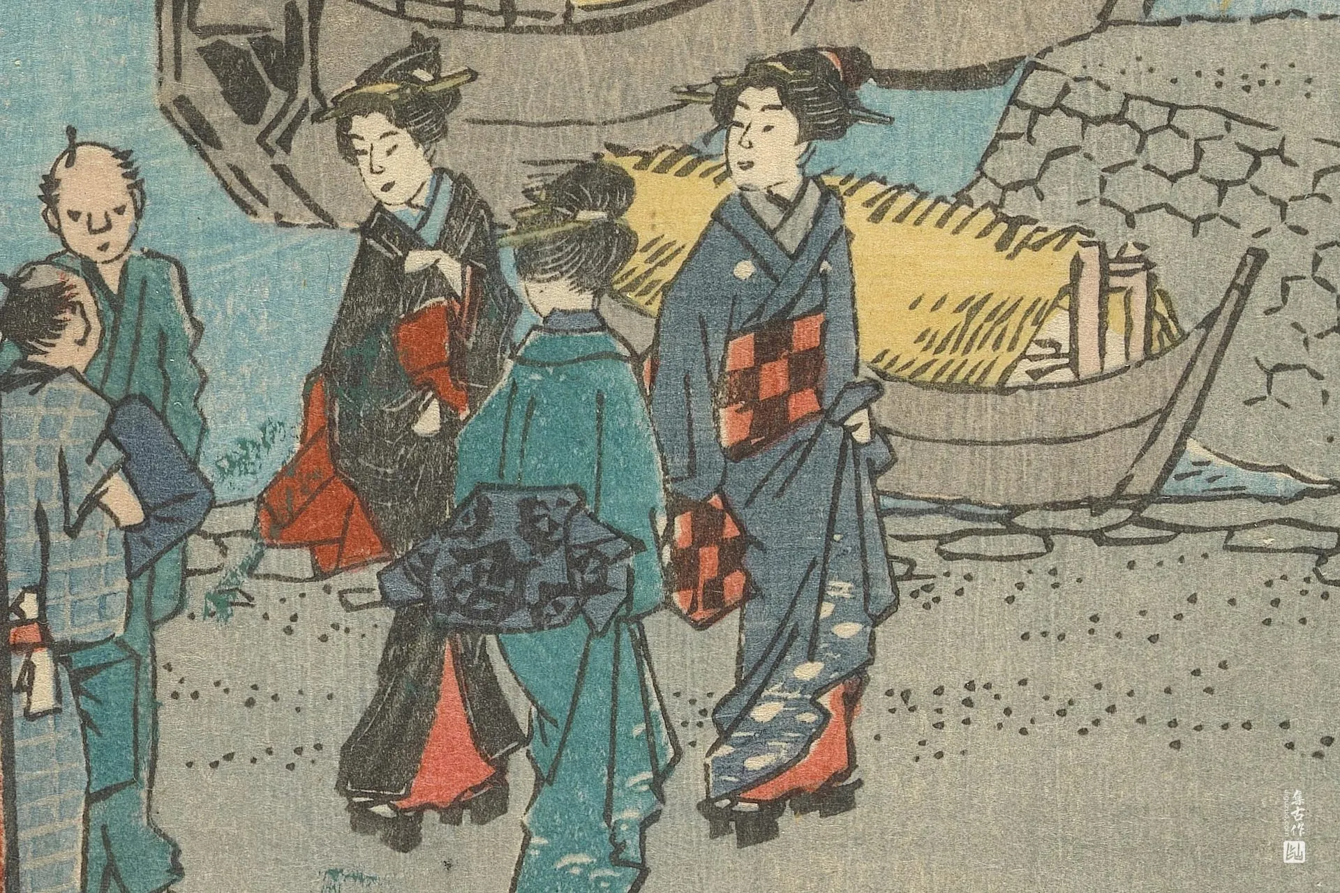 歌川广重《宫:热田宿,七里渡船码头》高清局部 (1)