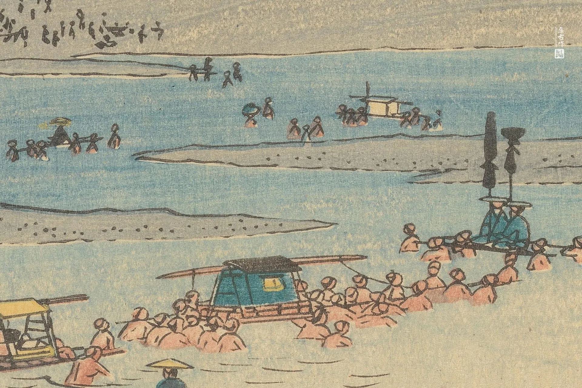 歌川广重《岛田:大井川的骏河岸》高清局部 (1)