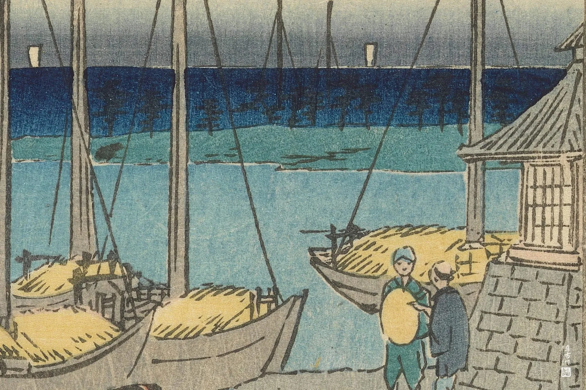 歌川广重《宫:热田宿,七里渡船码头》高清局部 (2)