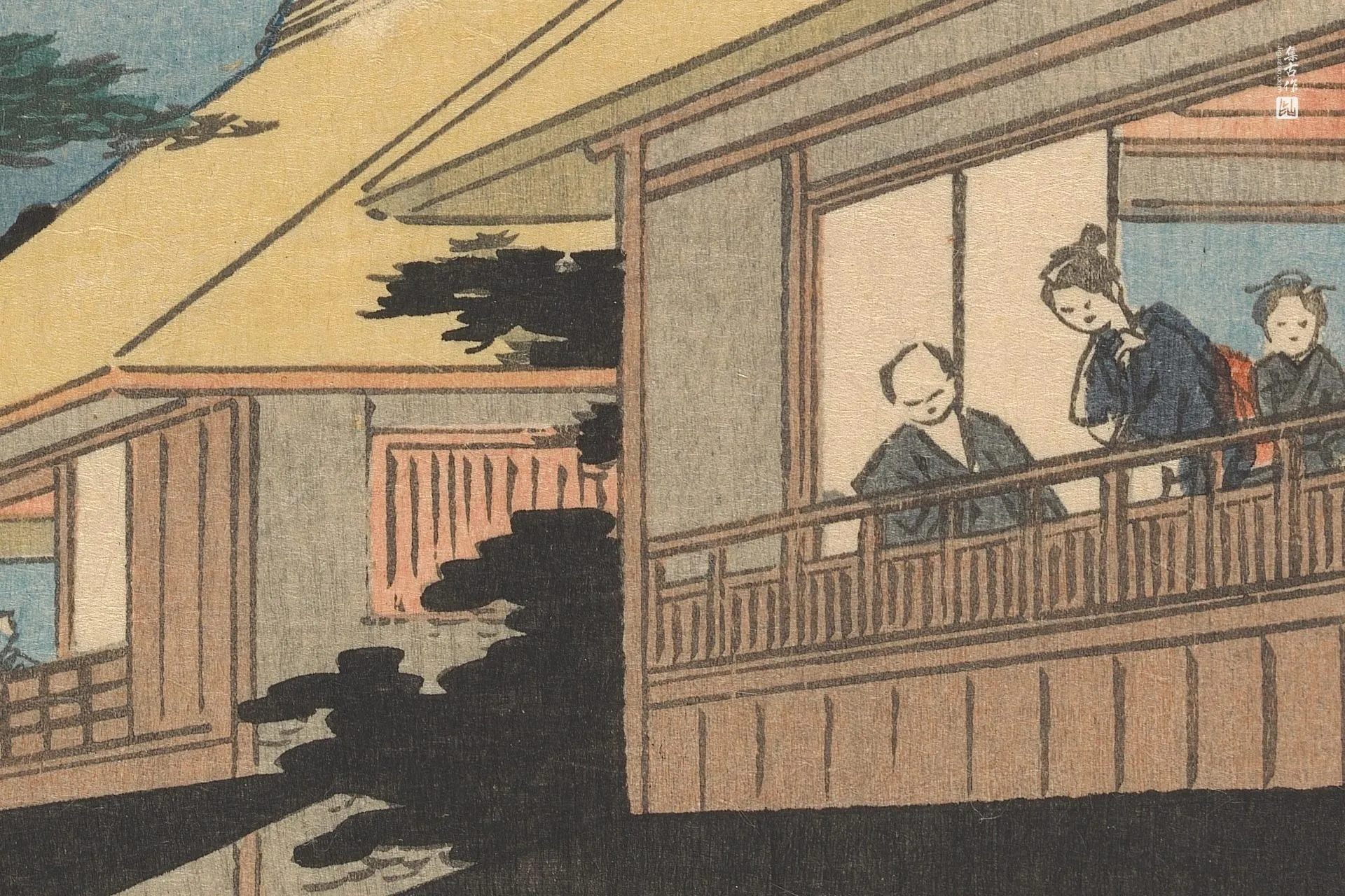 歌川广重《三岛:三岛大明神社第一鸟居》高清局部 (2)