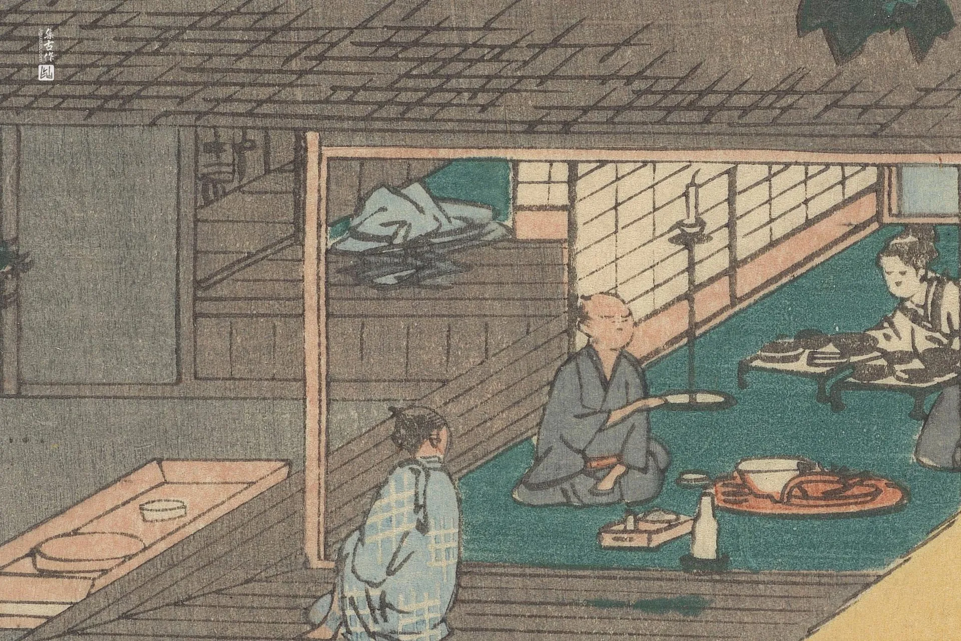 歌川广重《石部:旅馆中的客人》高清局部 (1)