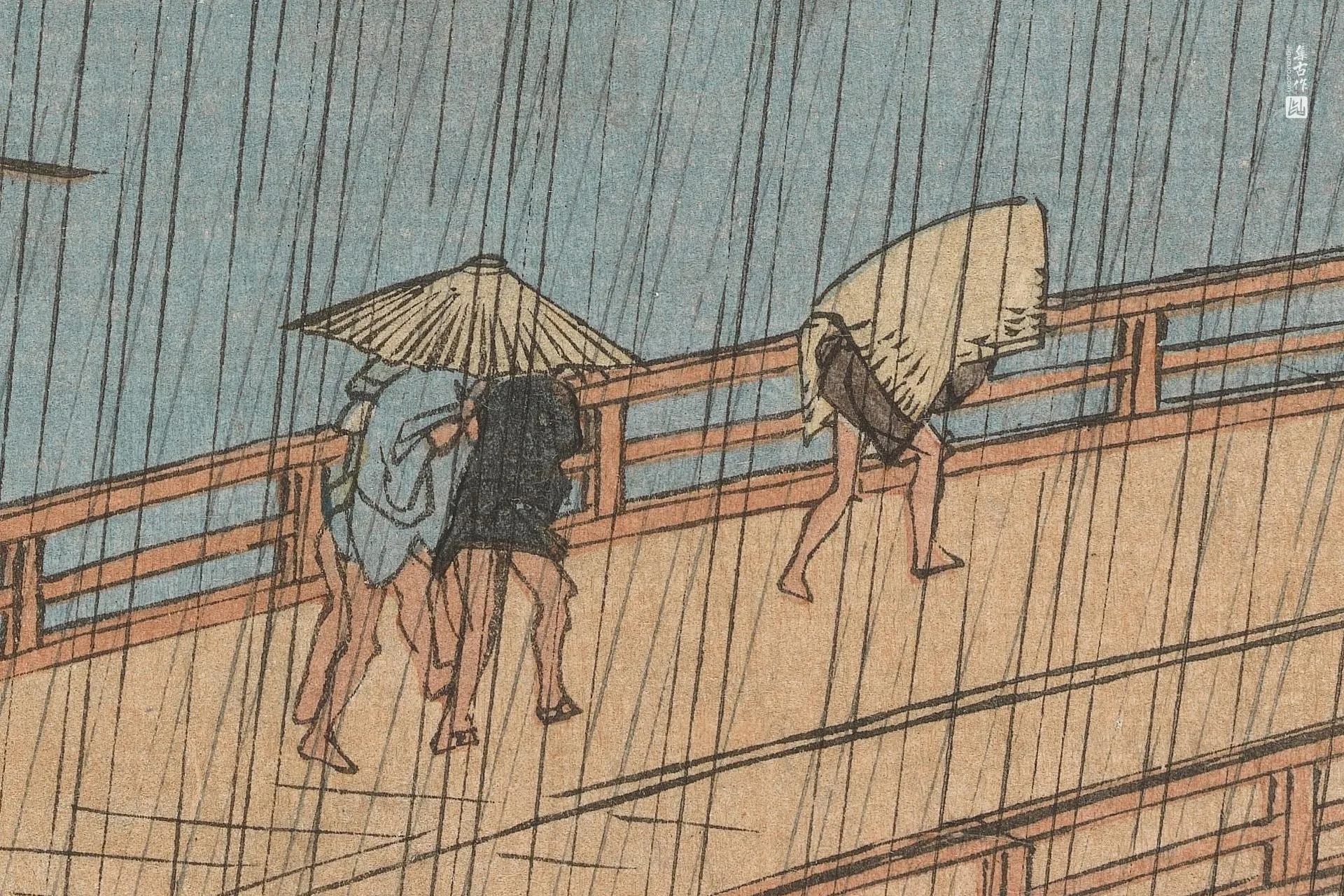 歌川广重《安宅附近大桥的骤雨》高清局部 (1)