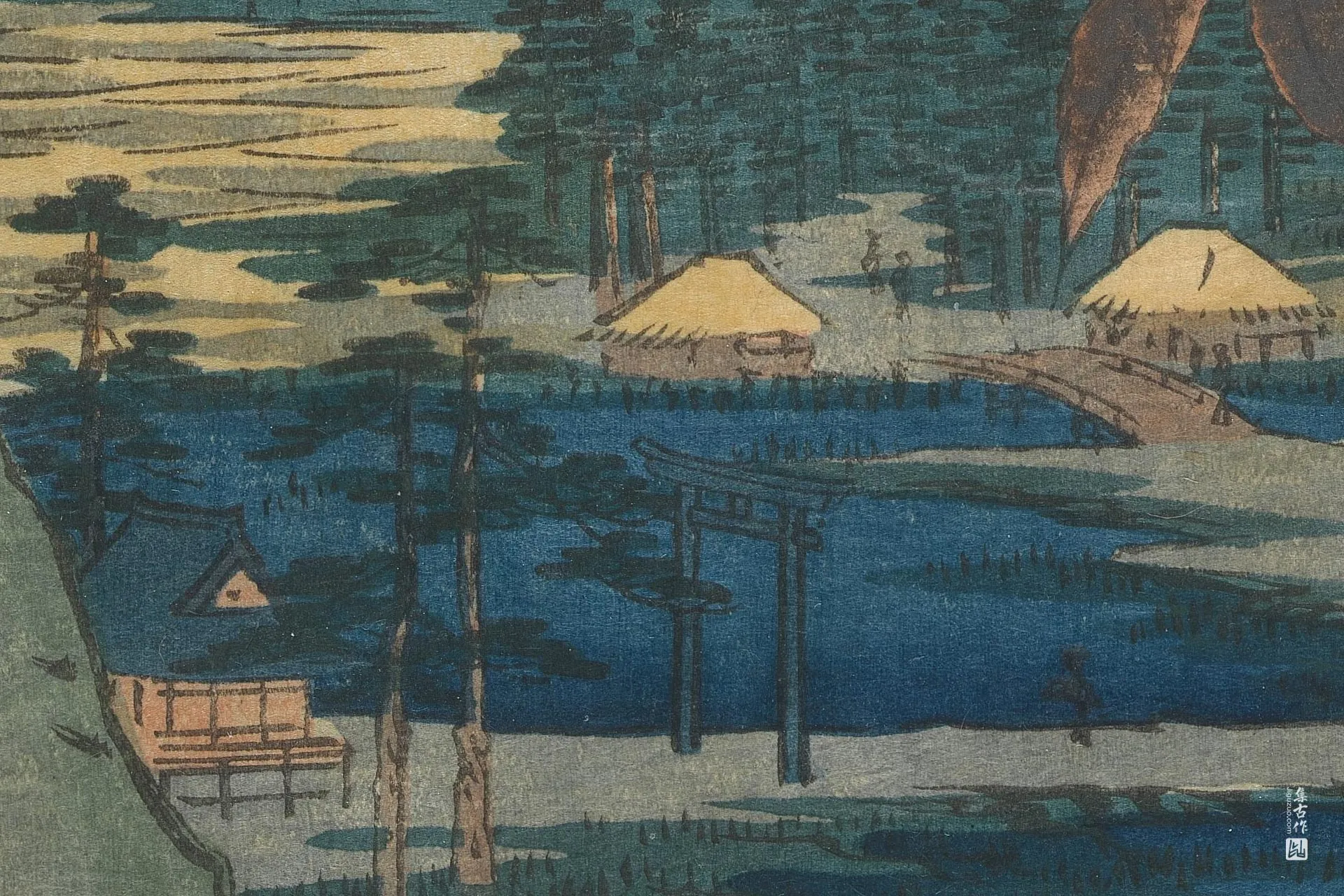 歌川广重《真间枫树、手古奈神社与继桥》高清局部 (3)