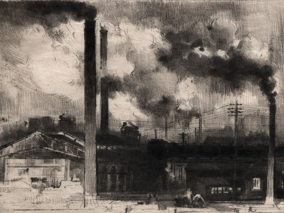 奥古斯特·布鲁埃蚀刻版画《在克鲁索工厂:烟囱林立》