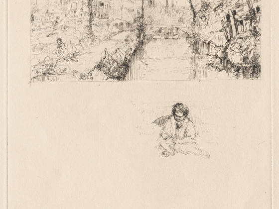 布鲁埃蚀刻版画《带桥与孩童的风景》