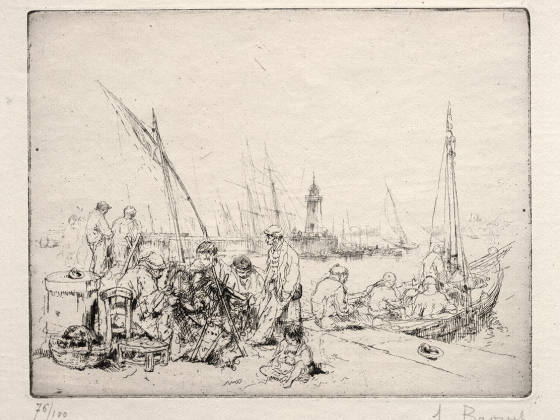 布鲁埃蚀刻版画《修补渔网的工人》